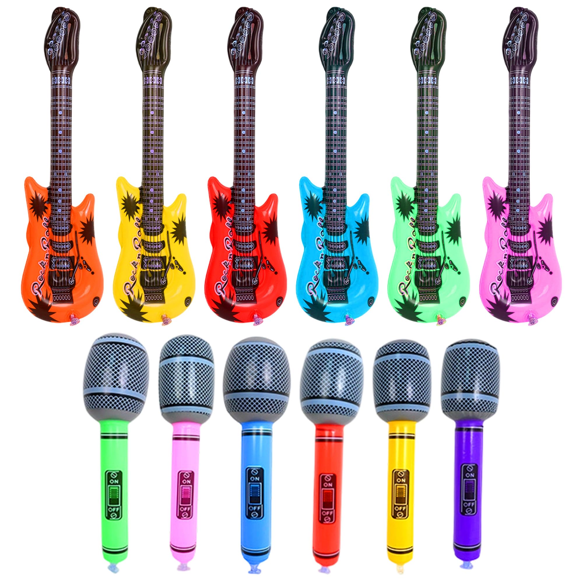 12 Pcs Inflatable Instruments Set, 6 Inflatable Guitar and Inflatable Microphone, Rock and Roll Musical Instruments Props Eurovision Party Decorations Fun Party Decoration Photo Booth Props