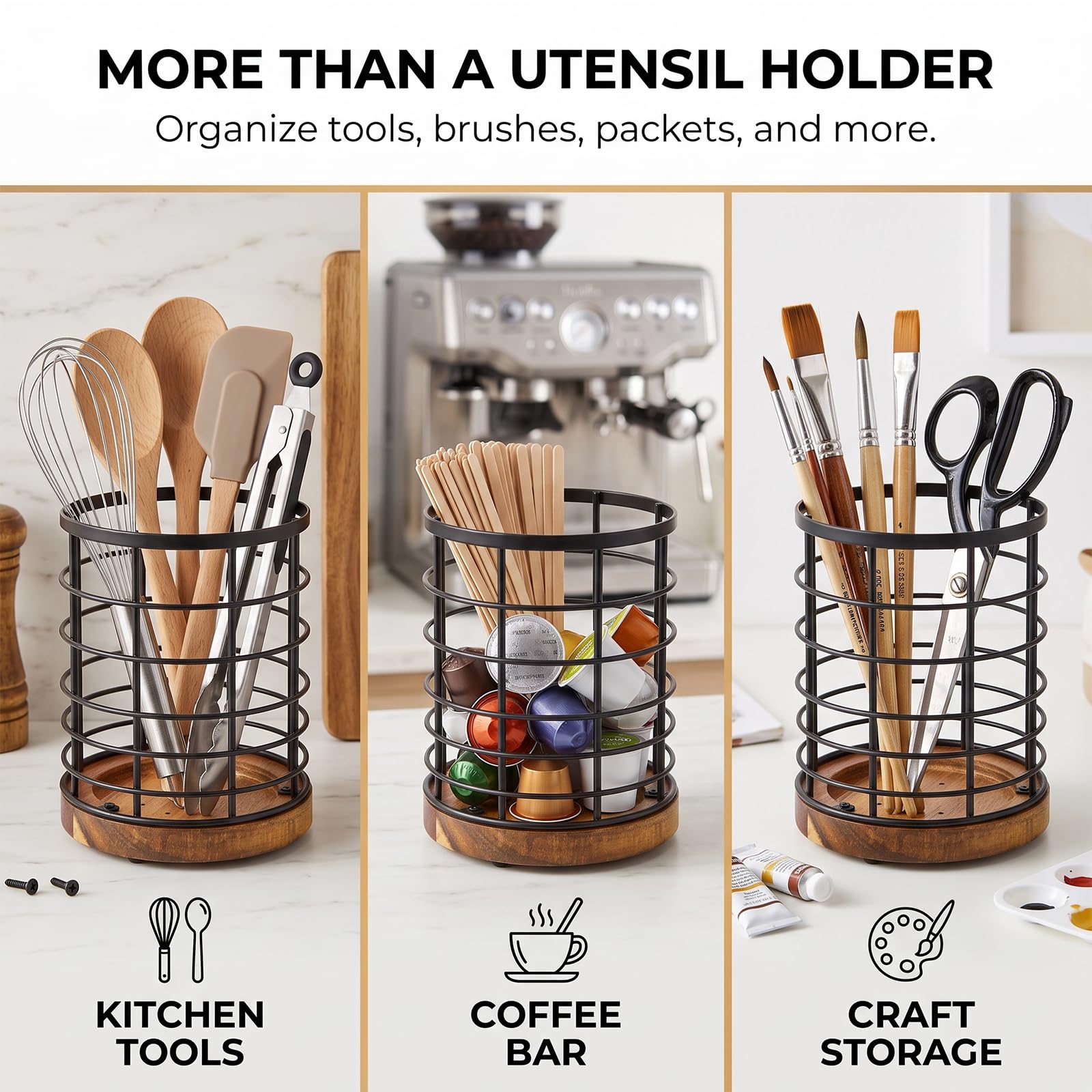 WILDMOS Soporte para utensilios para encimera de cocina, alambre negro con base de madera, soporte para utensilios de cocina de madera grande, organizador de utensilios de cocina.