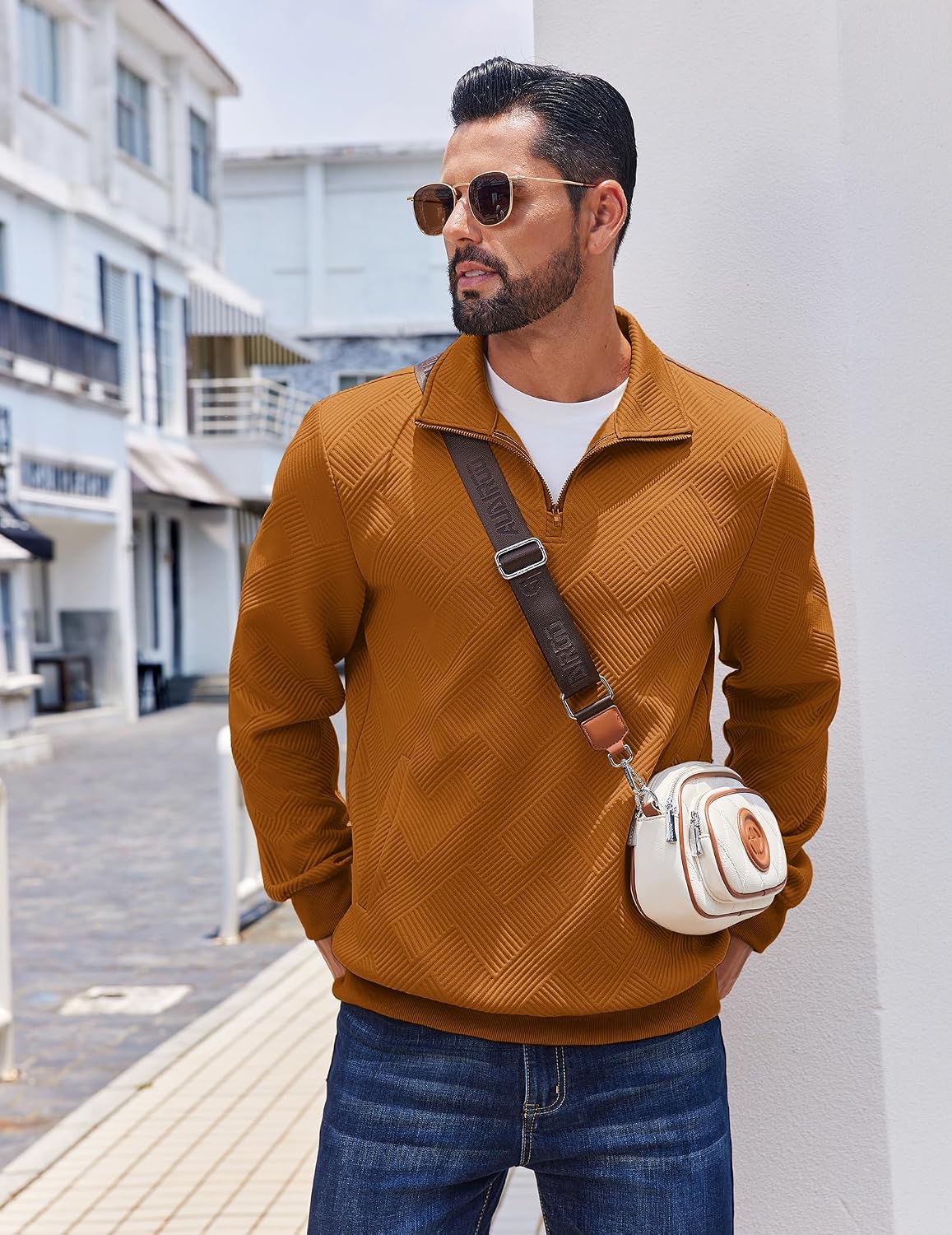 COOFANDY Mens Quarter Zip Pullover Casual Long Sleeve Quilted Sweatshirt Mock Neck Polo Sweater with Pocket