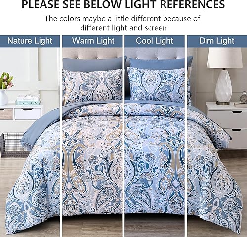 Miniatura 3 de Drucon Juego de edredón de cachemira azul, tamaño Queen, 7 piezas, edredón bohemio de microfibra suave con estampado floral de cachemira azul (1
