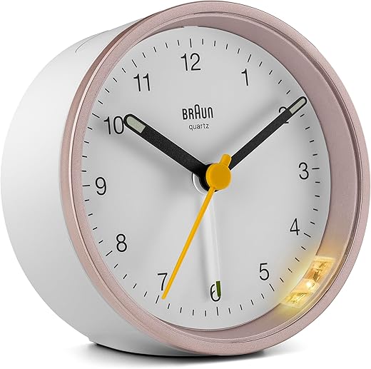 Braun Classic Analogue Alarm Clock with Snooze and Light, Quiet Quartz Movement, Crescendo Beep Alarm in White and Rose, Model BC12PW.