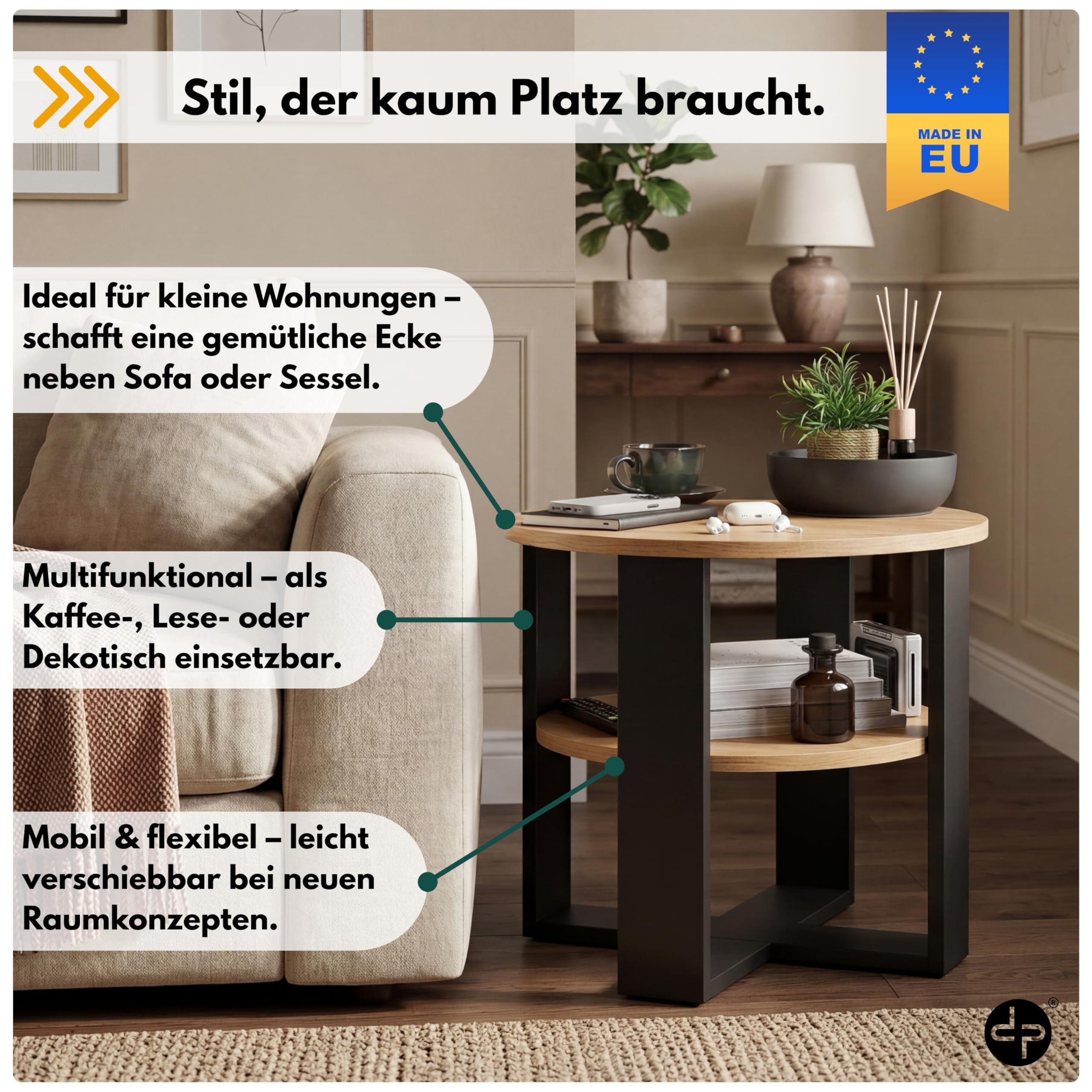 defiPad Couchtisch rund Eiche Ø53 cm - Kleiner Beistelltisch mit Ablage - 2 Ebenen, runder moderner Kaffeetisch im Industrial Design - Hergestellt in der EU