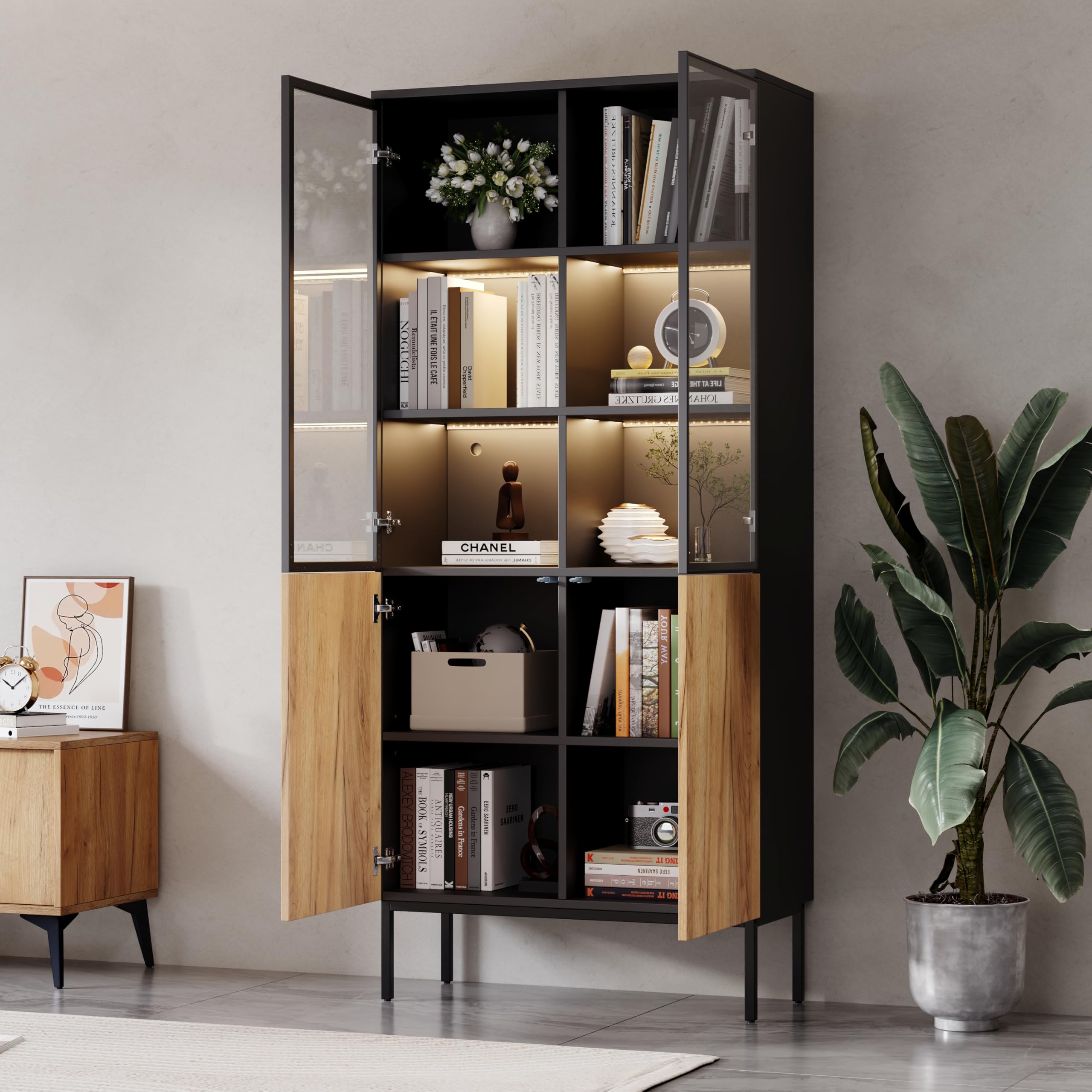 BTM Vitrine Glastüren, 180 cm hoher Schrank LED-Leuchten, Bücherregal, 5-stöckige Glasvitrine Sammlerstücke, Büro, Schwarz/Eiche
