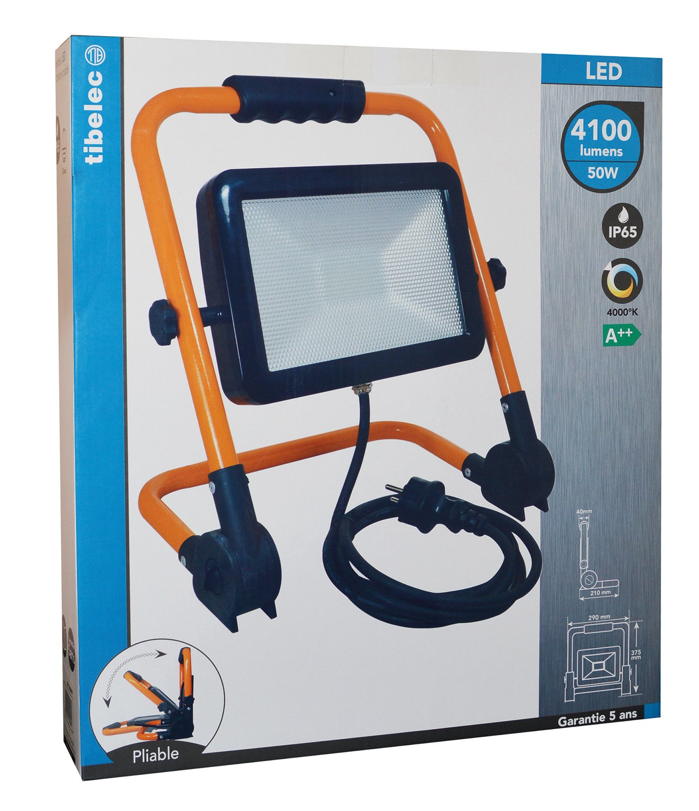 TIBELEC 348460 Projecteur LED de chantier pliable Métal 50 W Orange 210 x 290 x 375 mm
