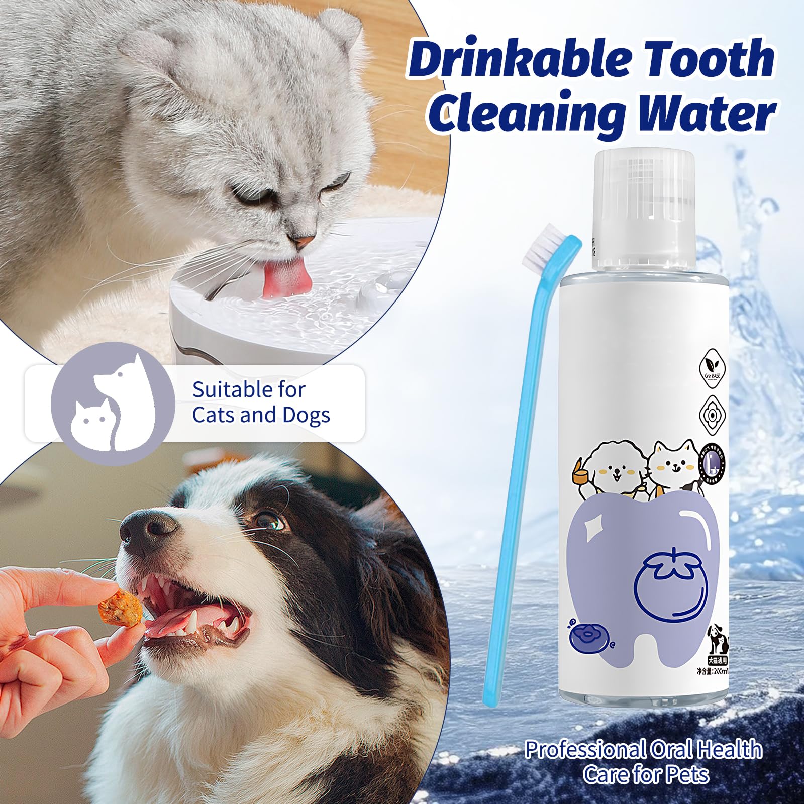 Collutorio per cani e gatti, 200 ml, con spazzolino da denti, soluzione per la cura dei denti per animali domestici, per l'igiene orale quotidiana in acqua potabile, per alito fresco e cura orale