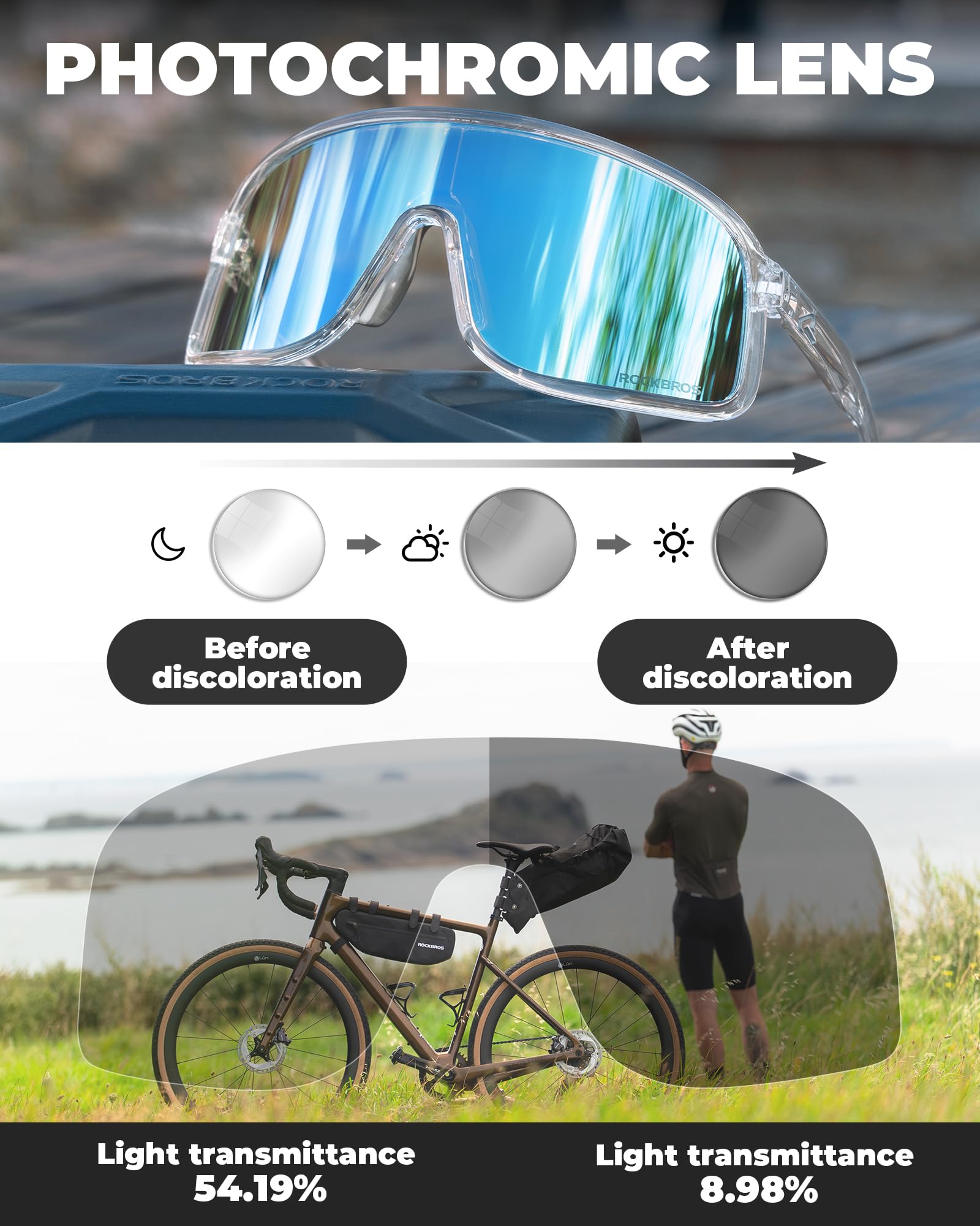 ROCKBROS Okulary rowerowe z samobarwiącymi się szkłami, okulary przeciwsłoneczne fotochromowe UV400, okulary sportowe, ultralekka oprawka TR90, okulary do biegania, wymienne nakładki na nos | Szybkie okulary przeciwsłoneczne do roweru, biegania, sportu, m