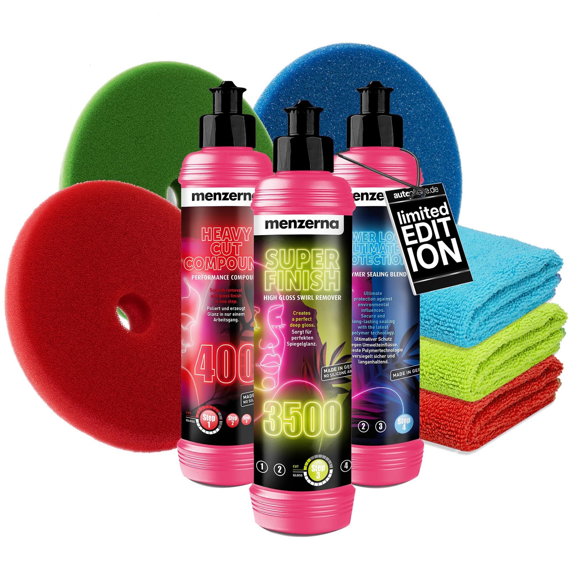 Juego de abrillantador y sellador de coche Menzerna Heavy Cut Compound 400 contra arañazos + Super Finish 3500 pulido brillante + Power Lock Ultimate Protection + 3 x Gamuza de 40 x 40 cm + 3 x