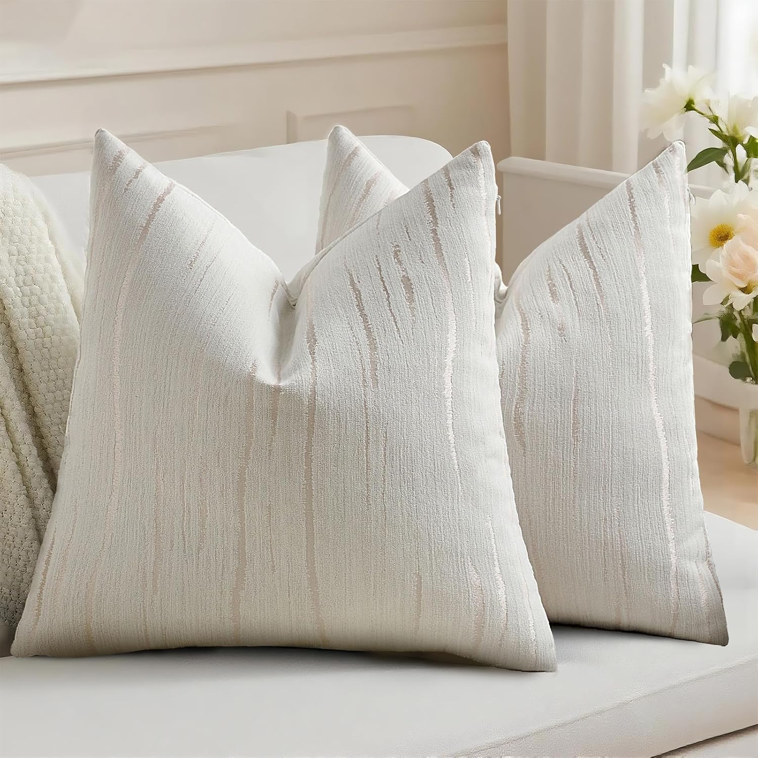 HAUSSY Cream Throw Pillow Covers 22x22 Inch Set of 2, Boho Embossed Striped Textured Decorative Pillowcases Soft Chenille Cushion Cases, Modern Home Decor for Couch Bed Living Room