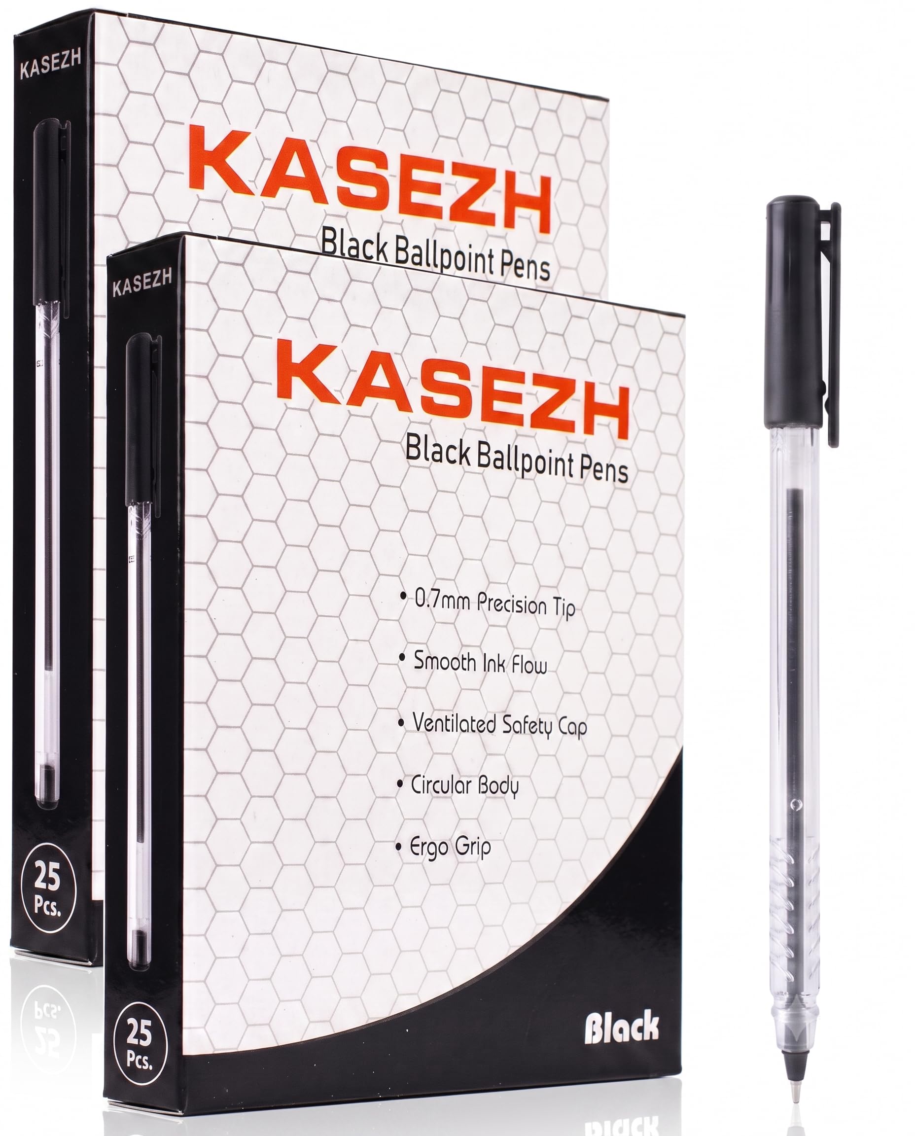 KASESH 50 (25x2 Pack) Black Ballpoint Pens – Round Comfort Grip, Smooth Glide Ink, Smudge-Free 0.7mm Tip Biro Pens for Office & Home