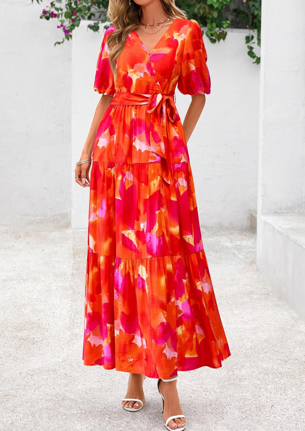 PRETTYGARDEN Women's Summer Maxi Dress 2026 Resort Wear Boho Floral V Neck Puff Short Sleeve Ruffle Flowy Beach Long Dresses - Image 5