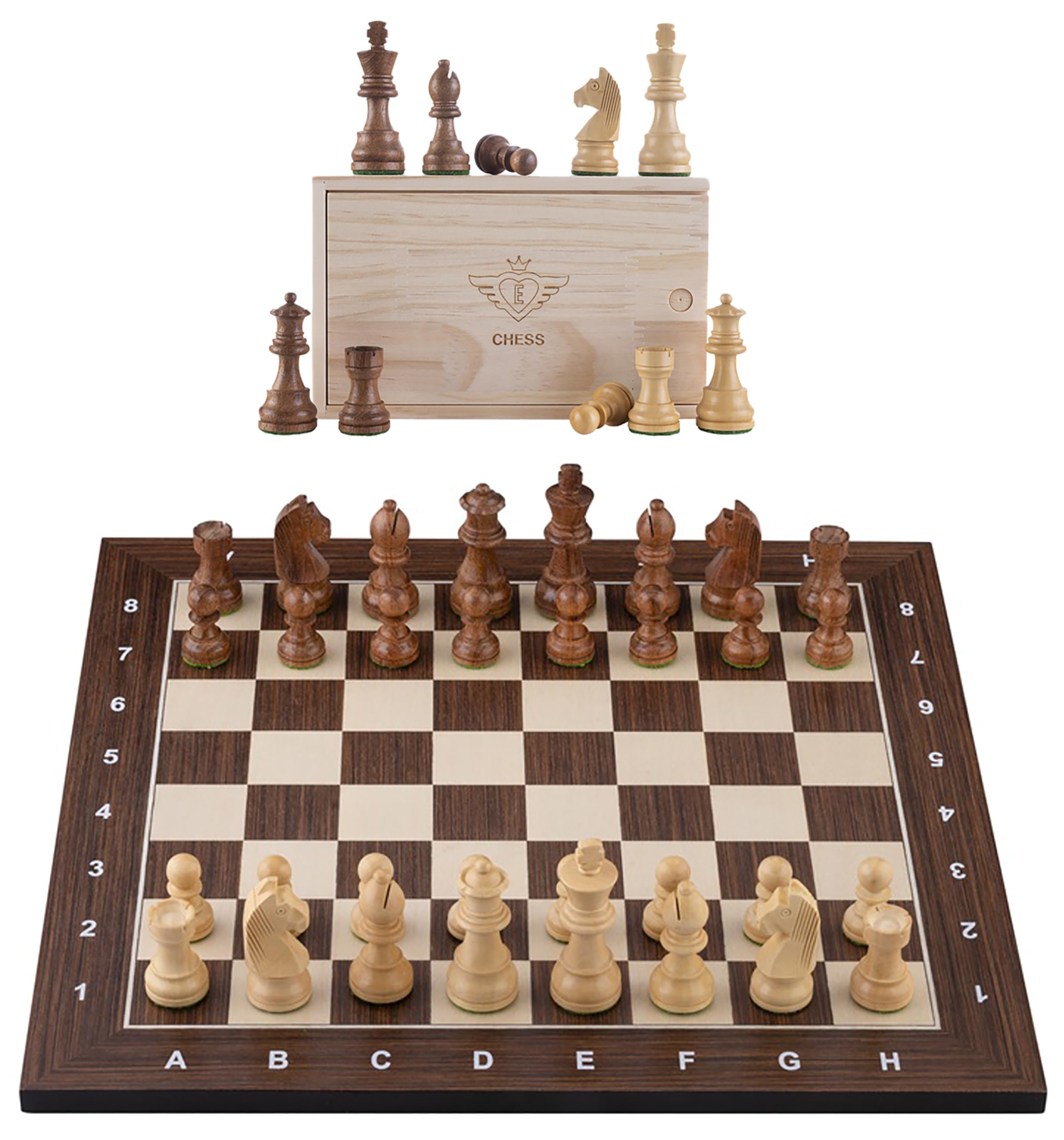 Engelhart - 170494 - Luxurious 40 cm Brown Chess Set with Coordinates – Maple & Cassia Wood Board with Inlays – Weighted Carved Pieces – Ages 6+ KING HEIGHT 76 MM — image 1