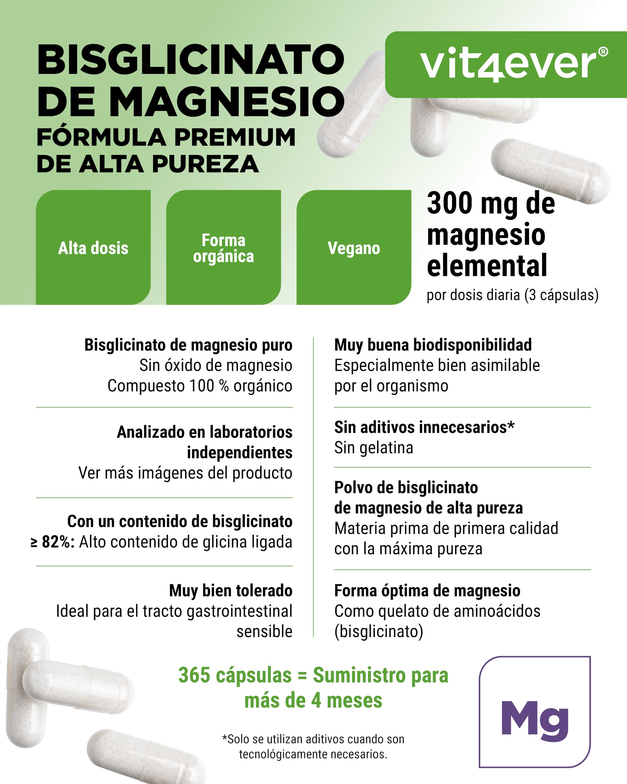 vit4ever Magnesio Bisglicinato - 365 Cápsulas - 300 mg de Magnesio elemental por Dosis diaria - Premium: Magnesium Quelado - Vegano