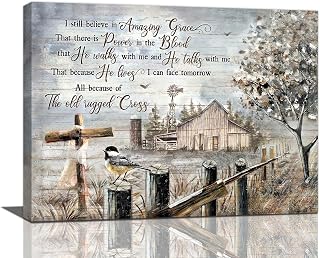 Farmhouse Wall Art Rustic Old Barn Pictures Decor Country Christian Cross Amazing Grace Painting Canvas Prints Home Framed Artwork Decoration for Bathroom Bedroom Living Room 16"x12"