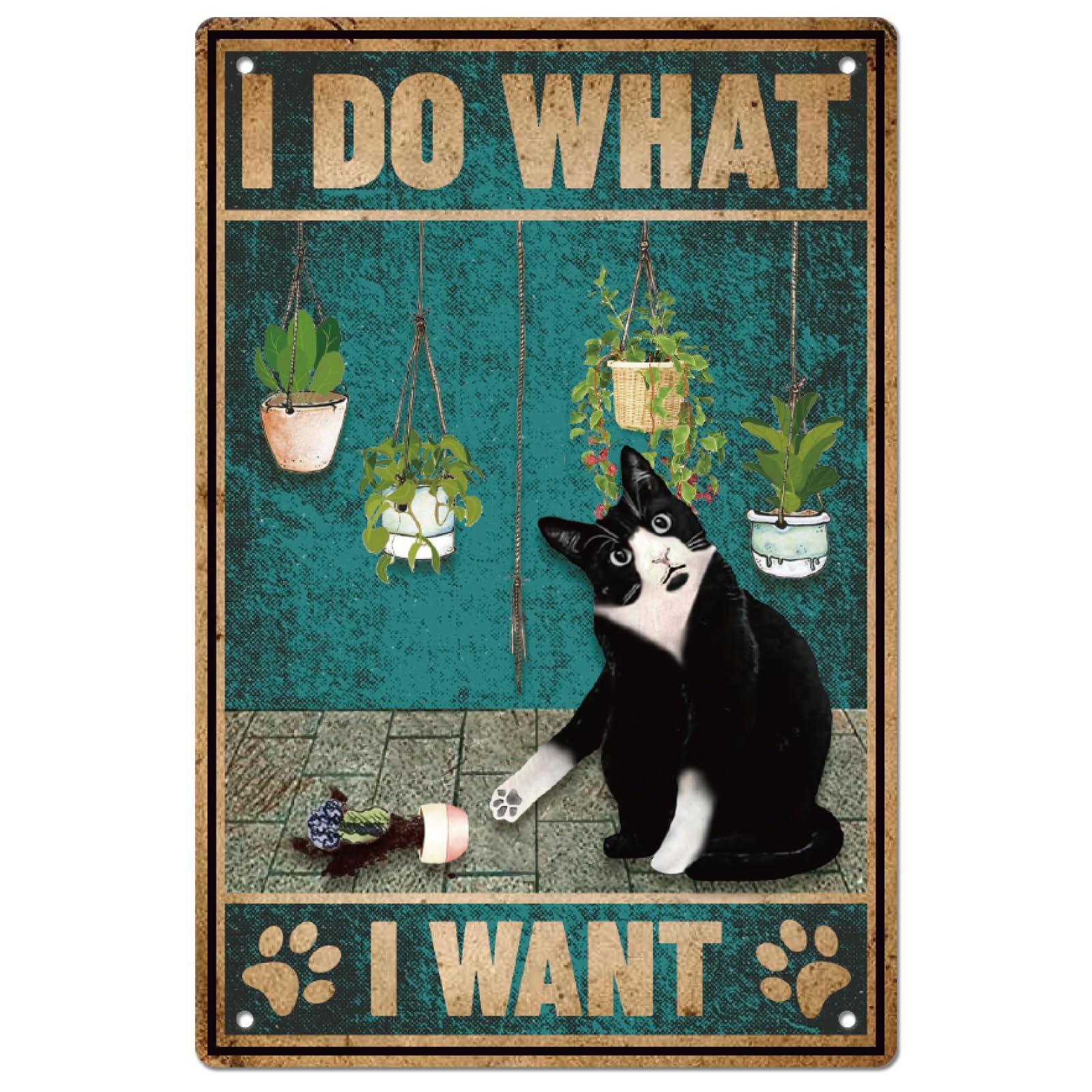 SUPERDANTMessy Cat Metal Tin Sign Cat Signs Vintage Art Iron Wall Decor Potted Plant Metal Plaque Retro Bedroom Bathroom Decor for Bars Restaurants Cafes Pubs