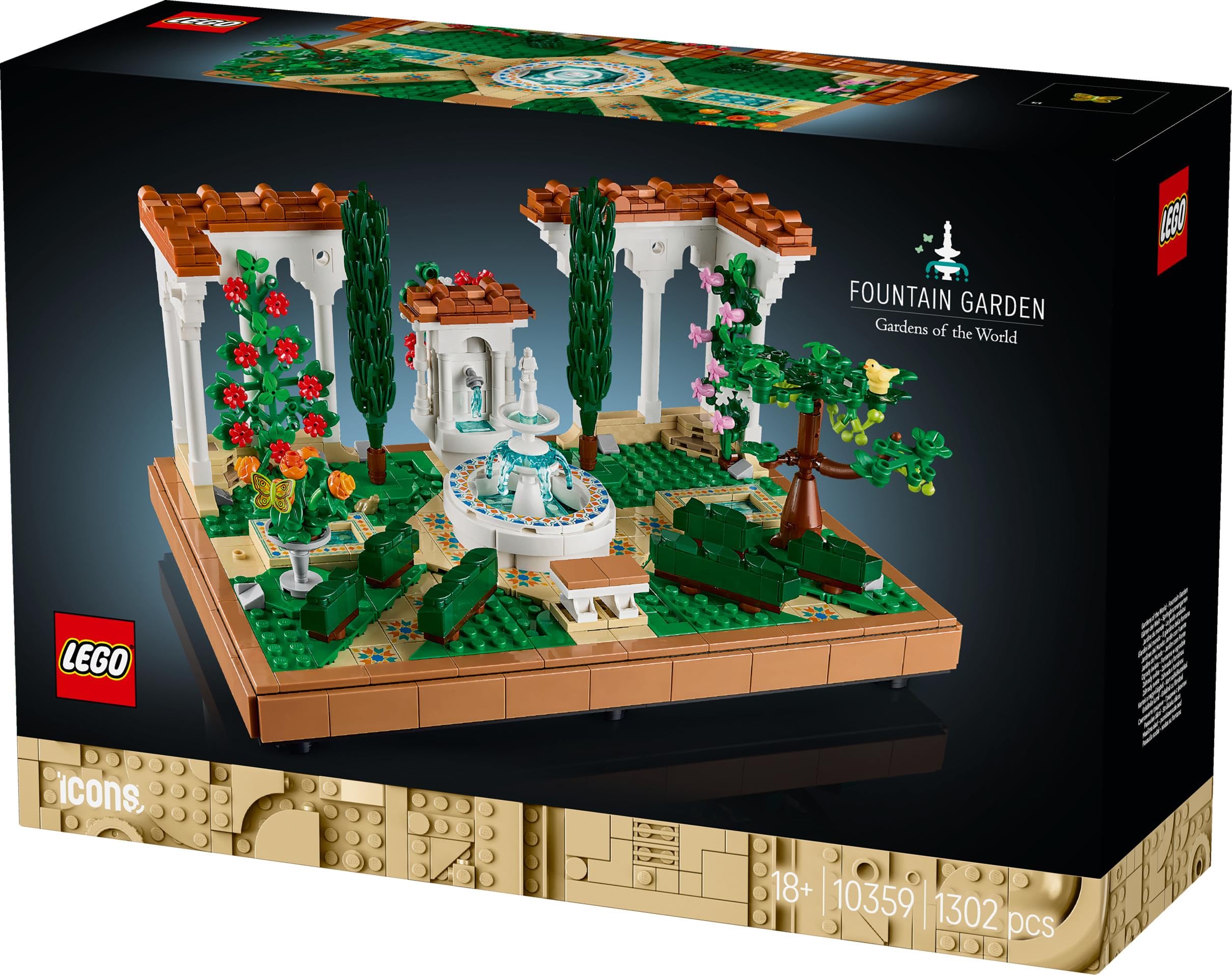 LEGO Icons Springbrunnengarten - Miniatur Bauset für Erwachsene mit Laubengängen, Zypressen, Bäumen, Weinreben, Blumen - Kreative Geschenkidee zum Geburtstag, Einweihung für Frauen, Männer - 10359