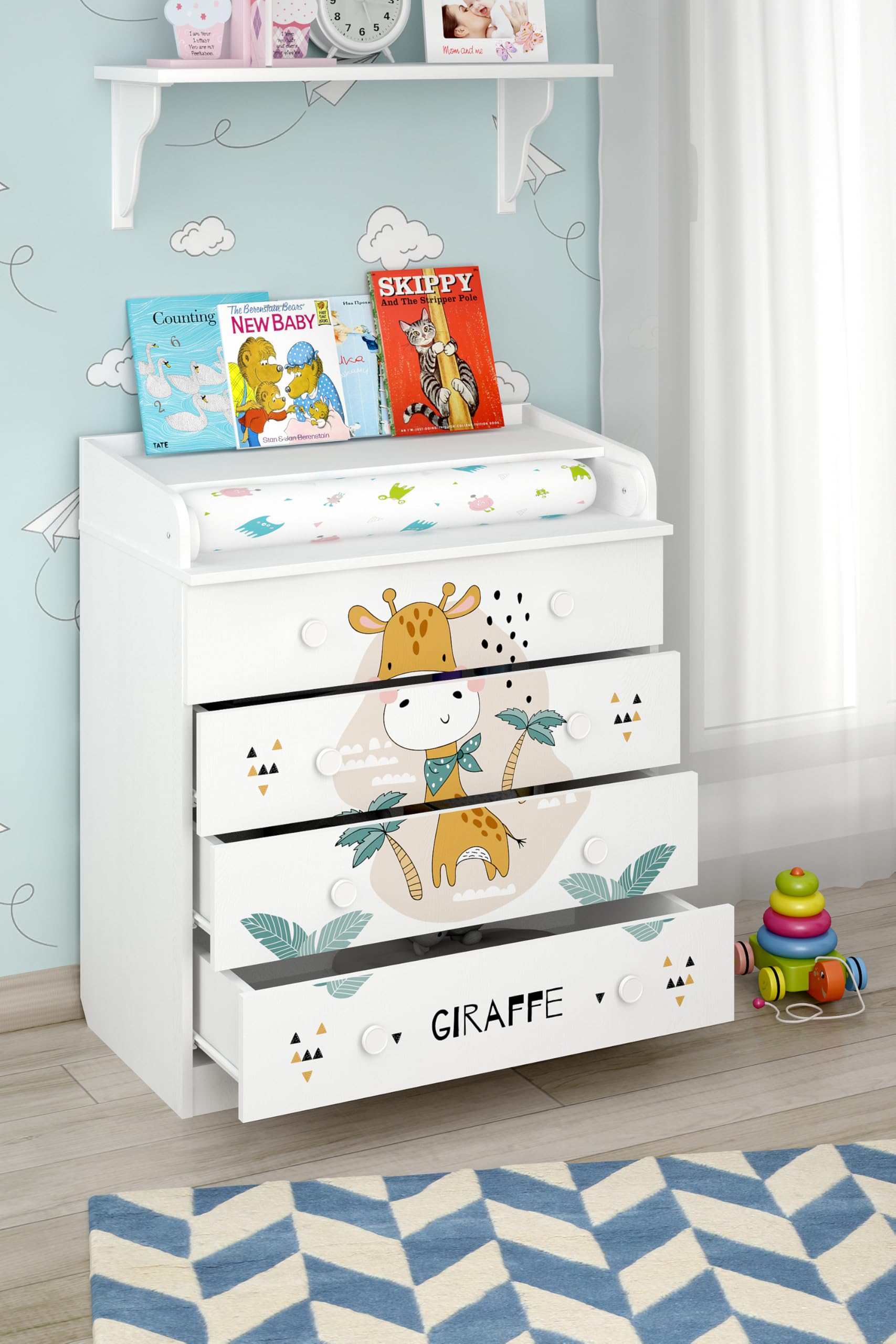 Shefa 800 Kids Baby Changing Table White Giraffe Chest of Drawers with 4 Drawers and Changing Unit