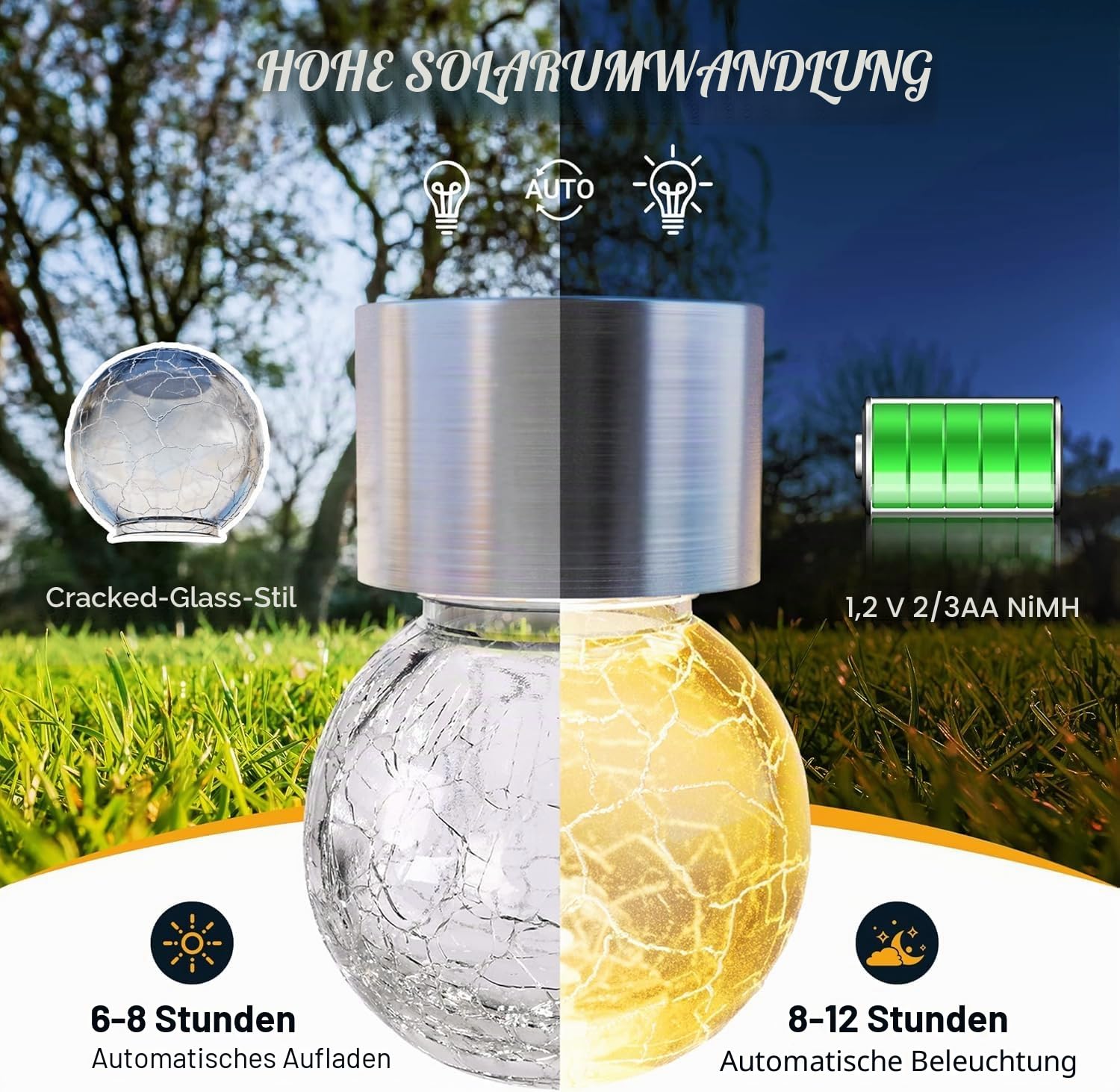 GIGALUMI Solar-Hängeleuchten für außen, 8 Stück Solar-Außenleuchten, rissiges Glas, Wasserdicht Solarleuchten für außen, Garten, Weihnachtsdeko, Hof, Zaun, Baum (warmweiß)