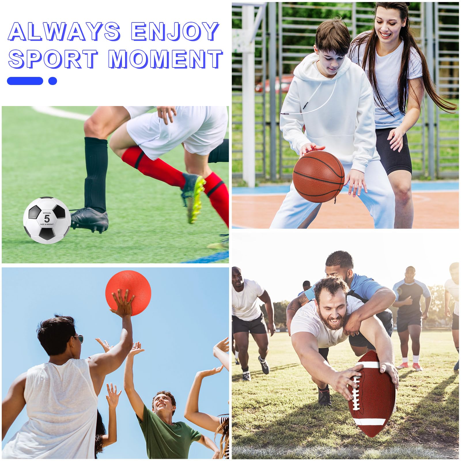 Juego de 4 pelotas deportivas, incluye tamaño oficial de baloncesto, fútbol, fútbol, patio de recreo, bolsa de equipo para adolescentes y adultos, operación de regalo, regalos de bolas de 5