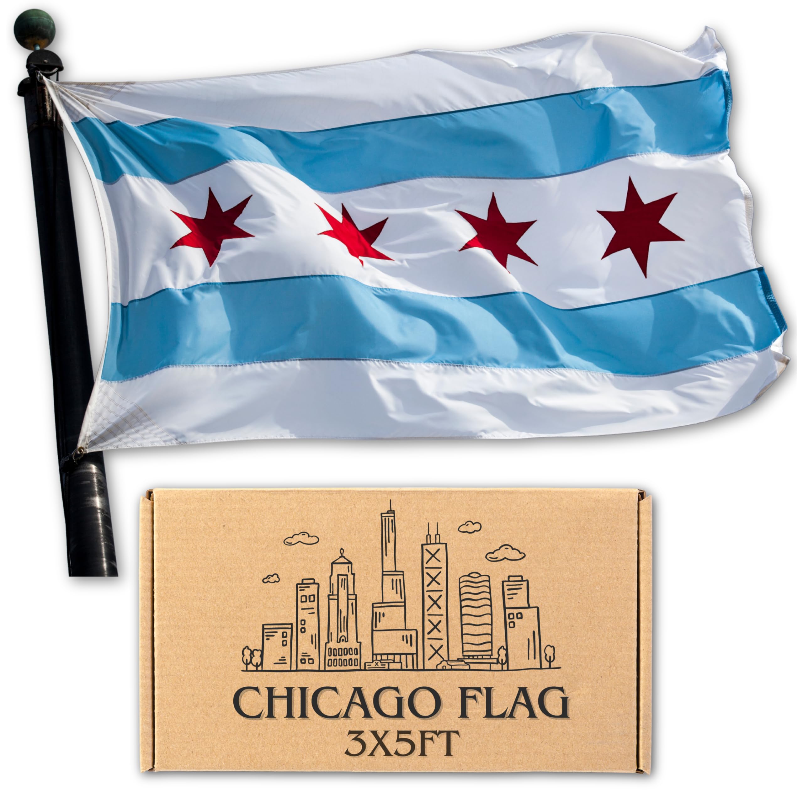 Chicago Flag - 3X5 Foot Outdoor Nylon Banner with Embroidered Stars Double Stitched Sewn Stripes, Brass grommets and Vibrant UV Protected Color -