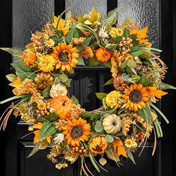 Fall Wreath 24 Inch Fall Wreaths for Front Door Outside with Sunflowers, Pumpkins, and Leaves Autumn Wreath for Front Door, Outdoor Wreaths for Front Door, Beautiful Decor for Thanksgiving