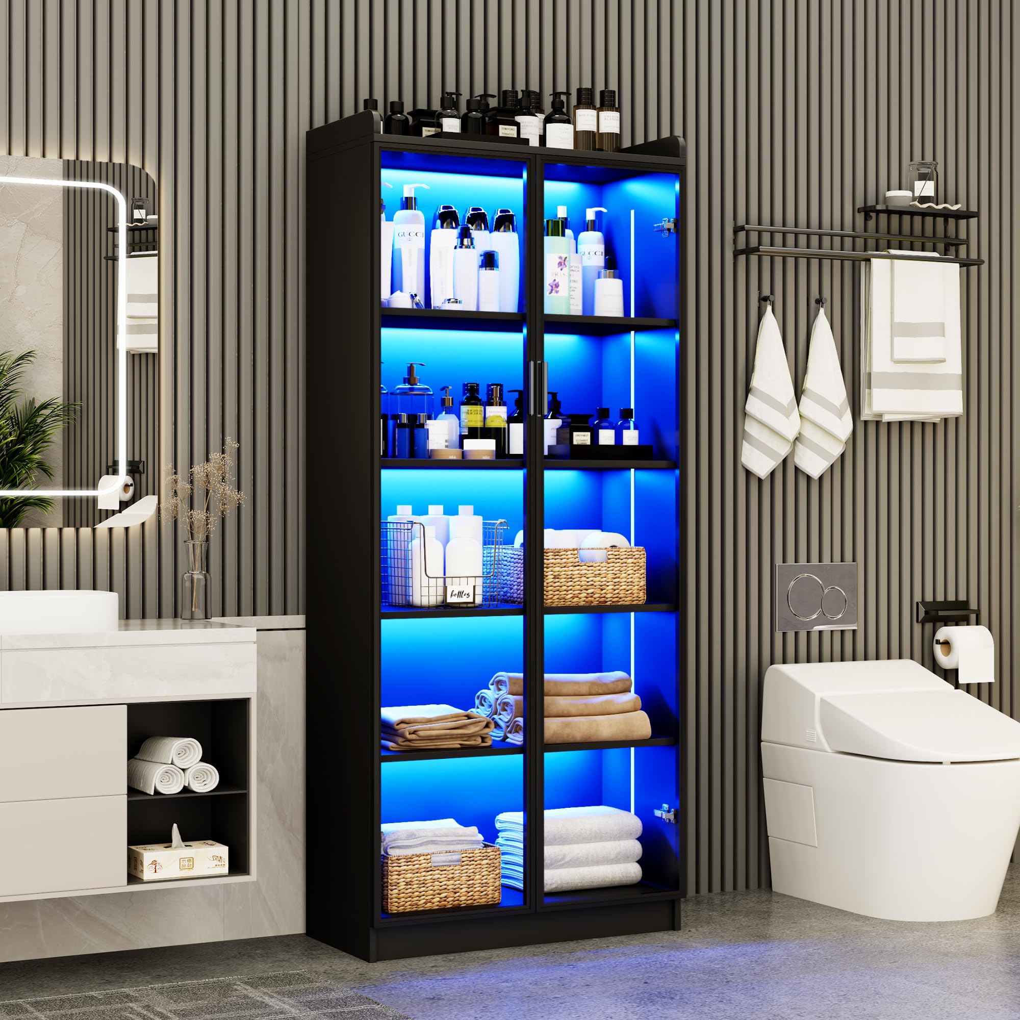 Vitrina con puertas y estantes ajustables, estantería de 65 pulgadas de alto con luces LED/sensor humano, vitrina de 5 niveles para coleccionables, dormitorio, sala de estar, oficina, color negro,