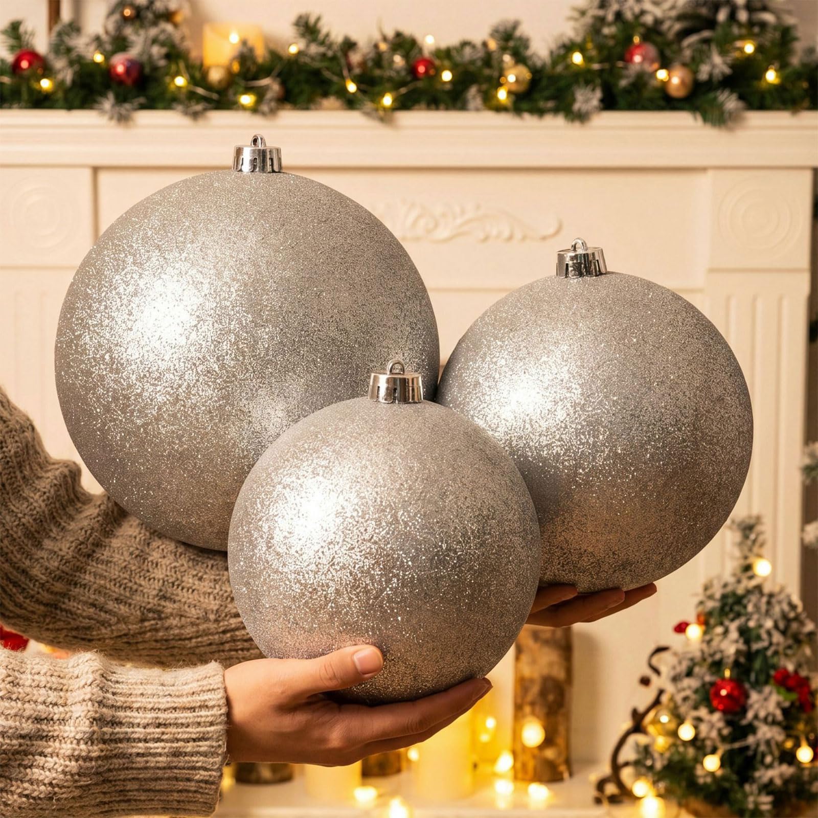 Générique Boules de Noël à Suspendre en Argent Scintillant 25, 30, 40 cm pour décoration d ' Arbre, plastomère Scintillant, Installation Simple Fine et permanente pour Les fêtes de Fin d ' année