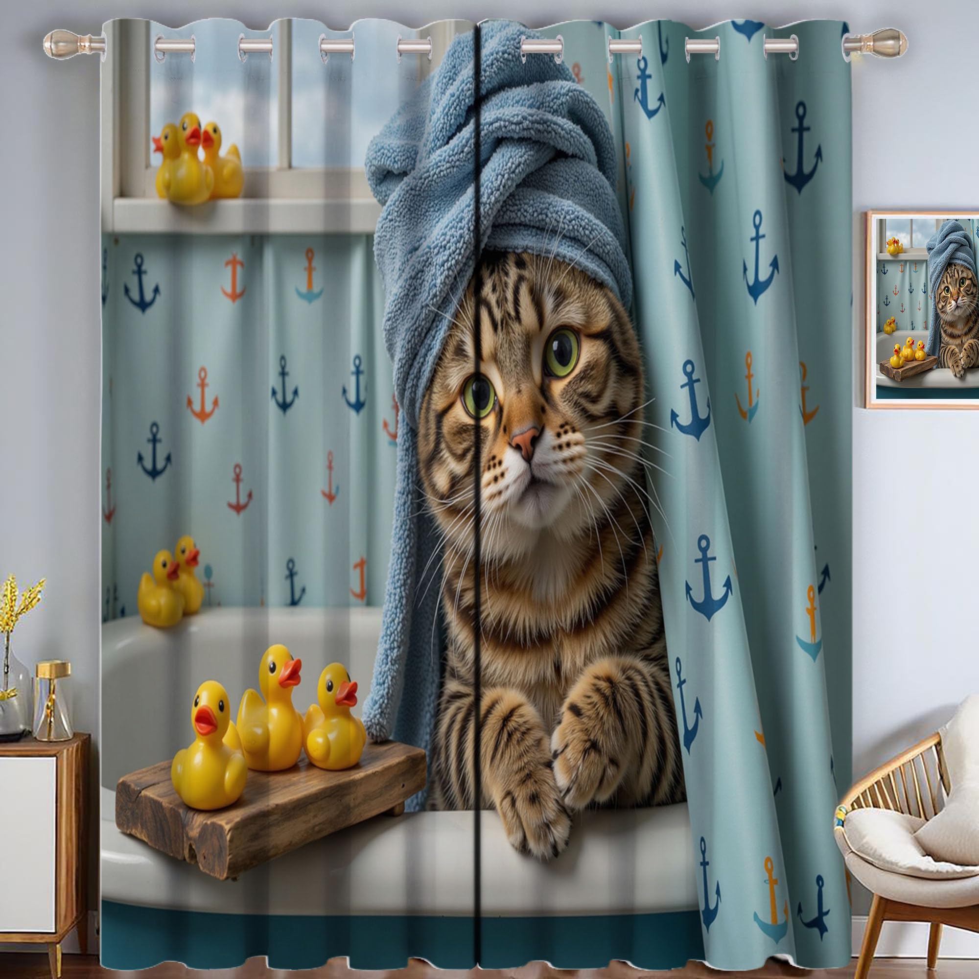 Rideau occultant thermique chat bleu ciel, douceur animalière salon