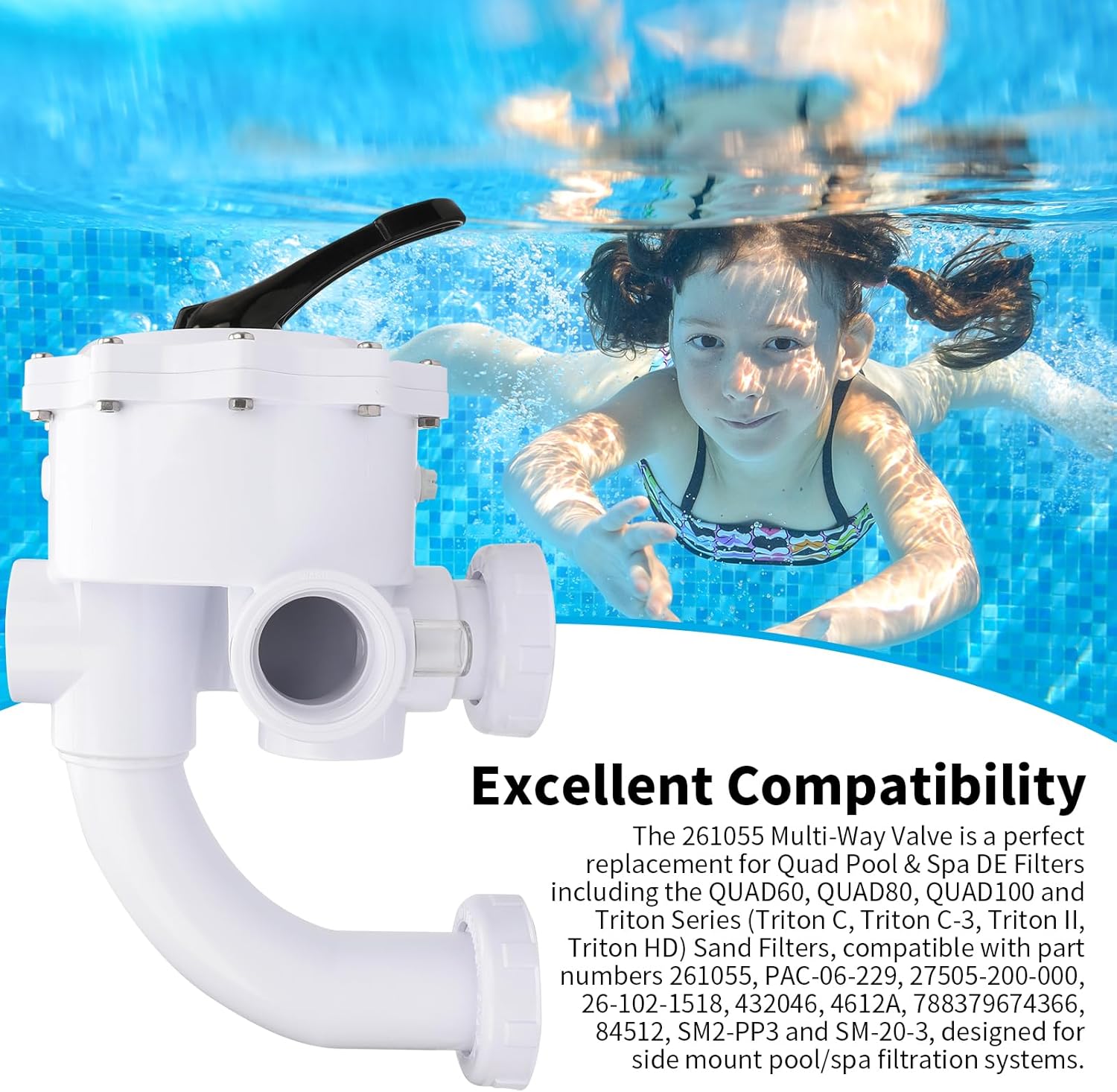 261055 Multi-Port Valve for Triton C II HD and Quad D.E. Pool and Spa Side Mount Mound DE and Sand Filters, 2" Pipe, 7.5" Centerline (261055 White)