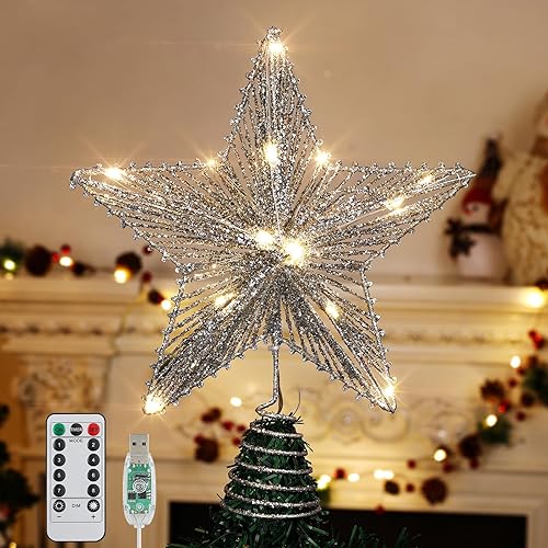 Roylvan Decoración para árbol de Navidad con 8 modos de iluminación, luz superior para árbol de Navidad con purpurina, alimentada por USB, adorno