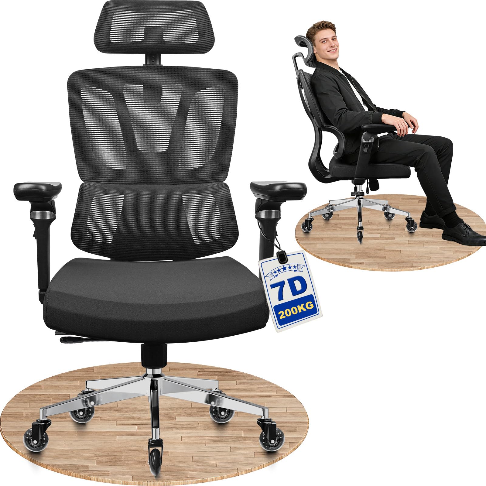 MELOKEA Bürostuhl Ergonomisch, 7D-Armlehnen, Verstellbare Sitztiefe, 4-Stufen Neigung, Gummirollen, Hohe Rückenlehne, Ergonomischer Lordosenstütze, Langes Sitzen, Homeoffice & Gaming, Bürostuhl 200KG