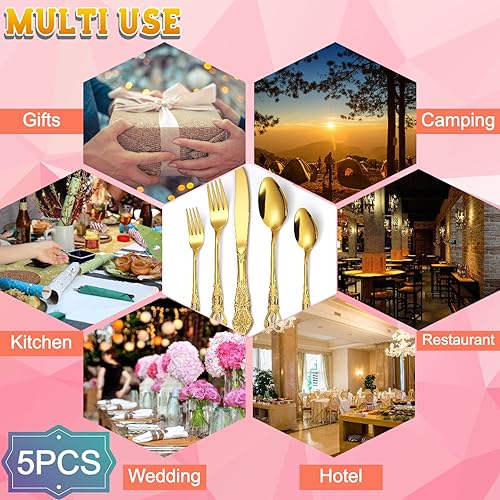 Miniatura 6 de Vilihkc Juego de cubiertos clásico europeo de 5 piezas, juego de cubiertos de acero inoxidable, juego de utensilios pulidos con espejo para cocina,