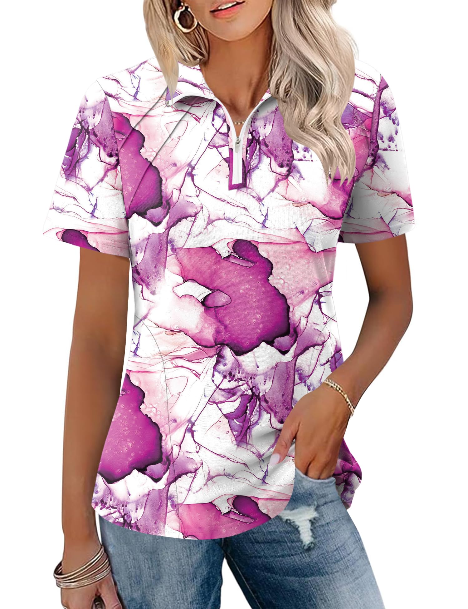 LOMON Womens Golf Polo Shirt Summer Short Sleeve Quarter Zip Outfit