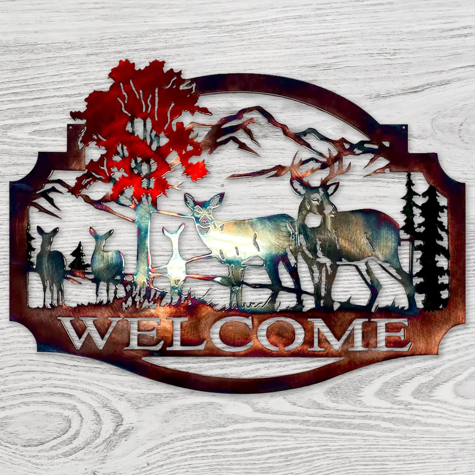 Gudui Metal Deer Wall Decor Welcome Forest Mountain Rustic Cabin Wall Decor Wildlife Hunting for Lodge Patio, Colorful Metal Deer Wall Art Decoration