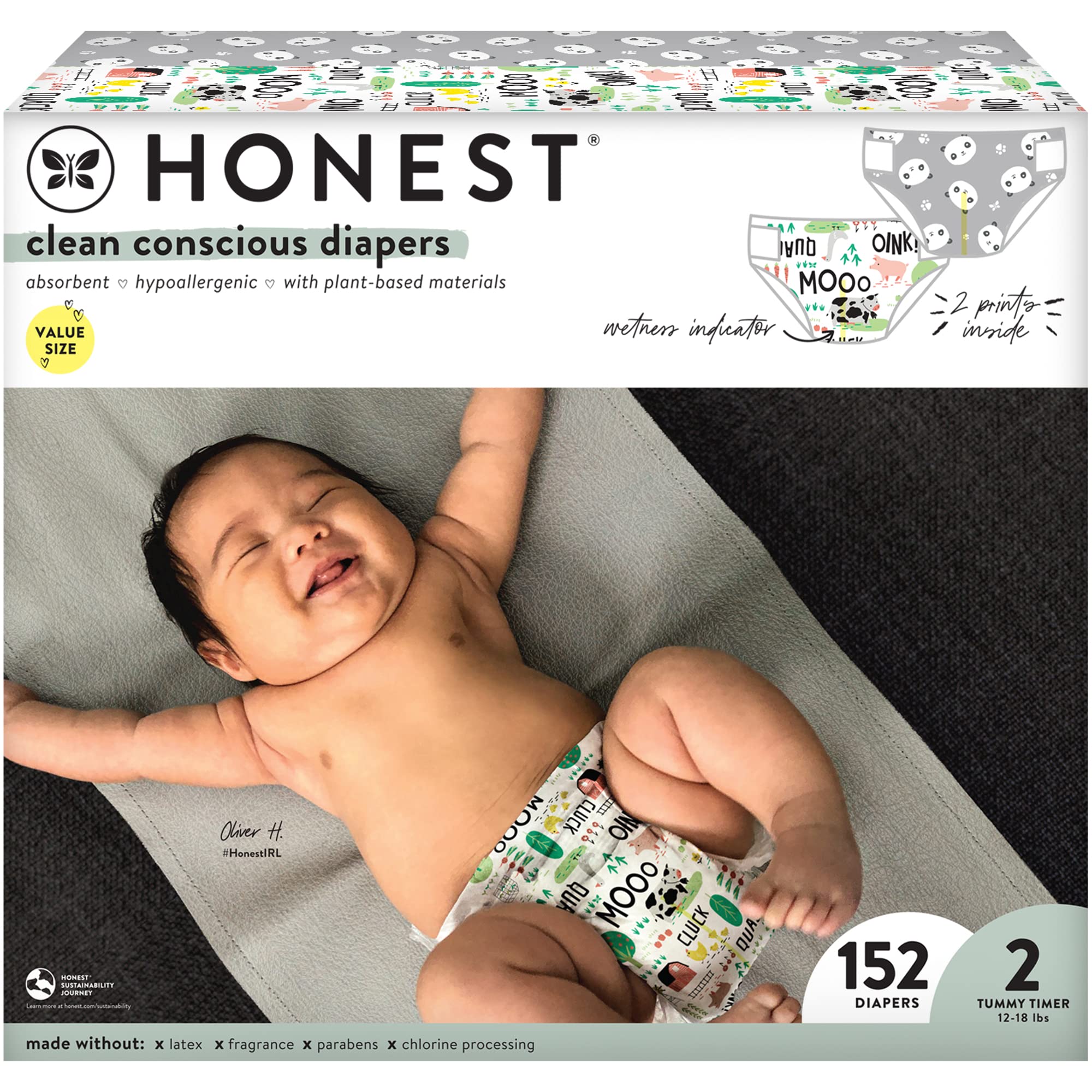 The Honest Company Clean Conscious Diapers Plant-Based, Sustainable  Pandas Barnyard Babies Super Club Box, Size (12-18 lbs), 152 Count