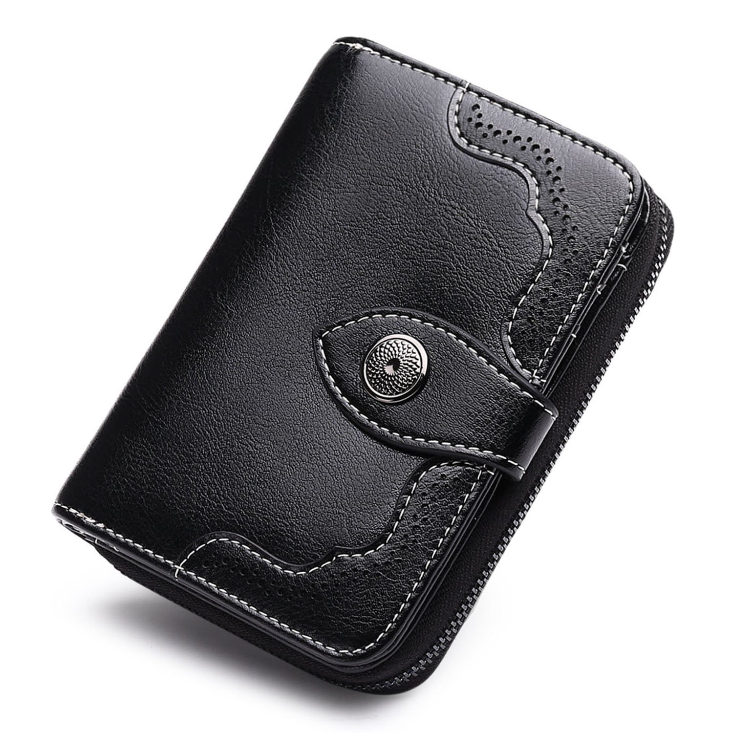 Genold Leather Long Wallet Zipper Clutch Coin Purse Slim Card Case Holder for Women with 8 Card Slots (black-small)