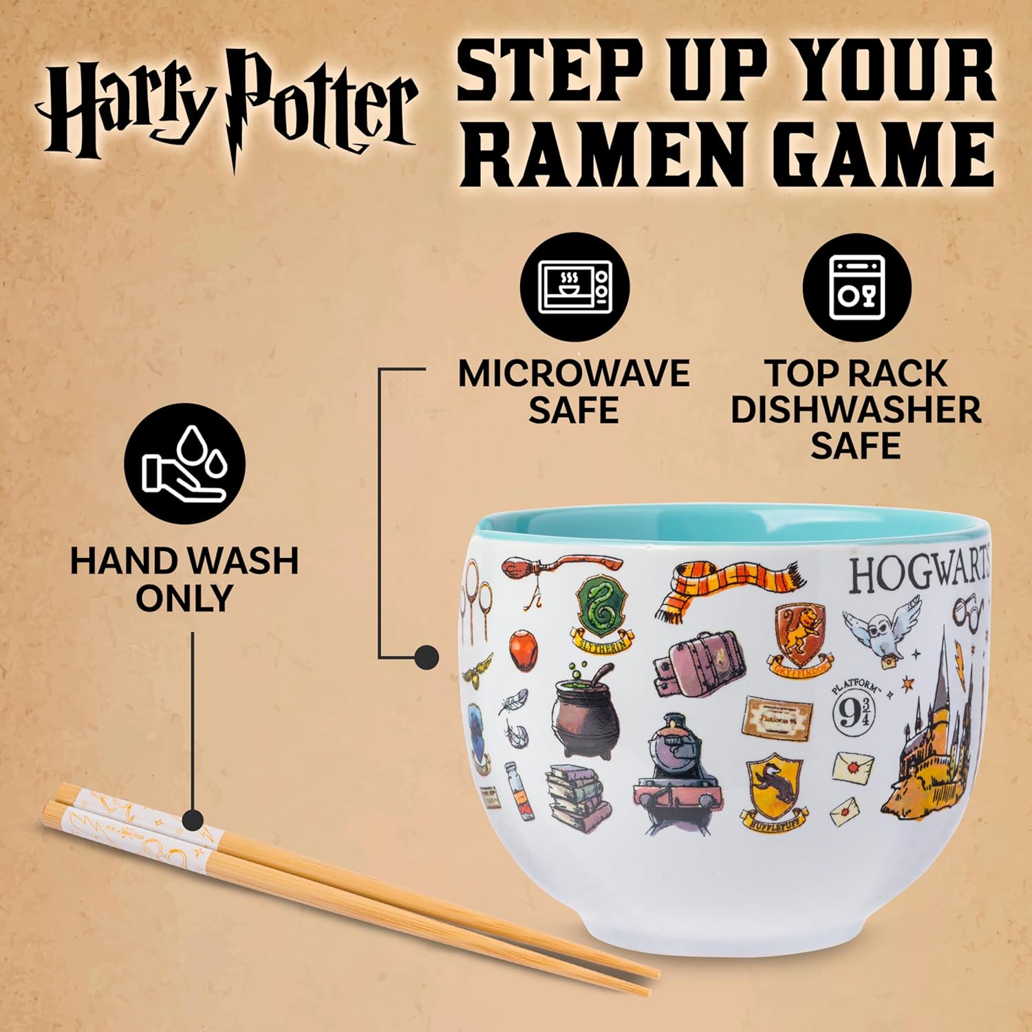 Silver Buffalo Harry Potter Icons Ceramic Ramen Noodle Rice Bowl with Chopsticks, Microwave Safe, 20 Ounces - Image 3