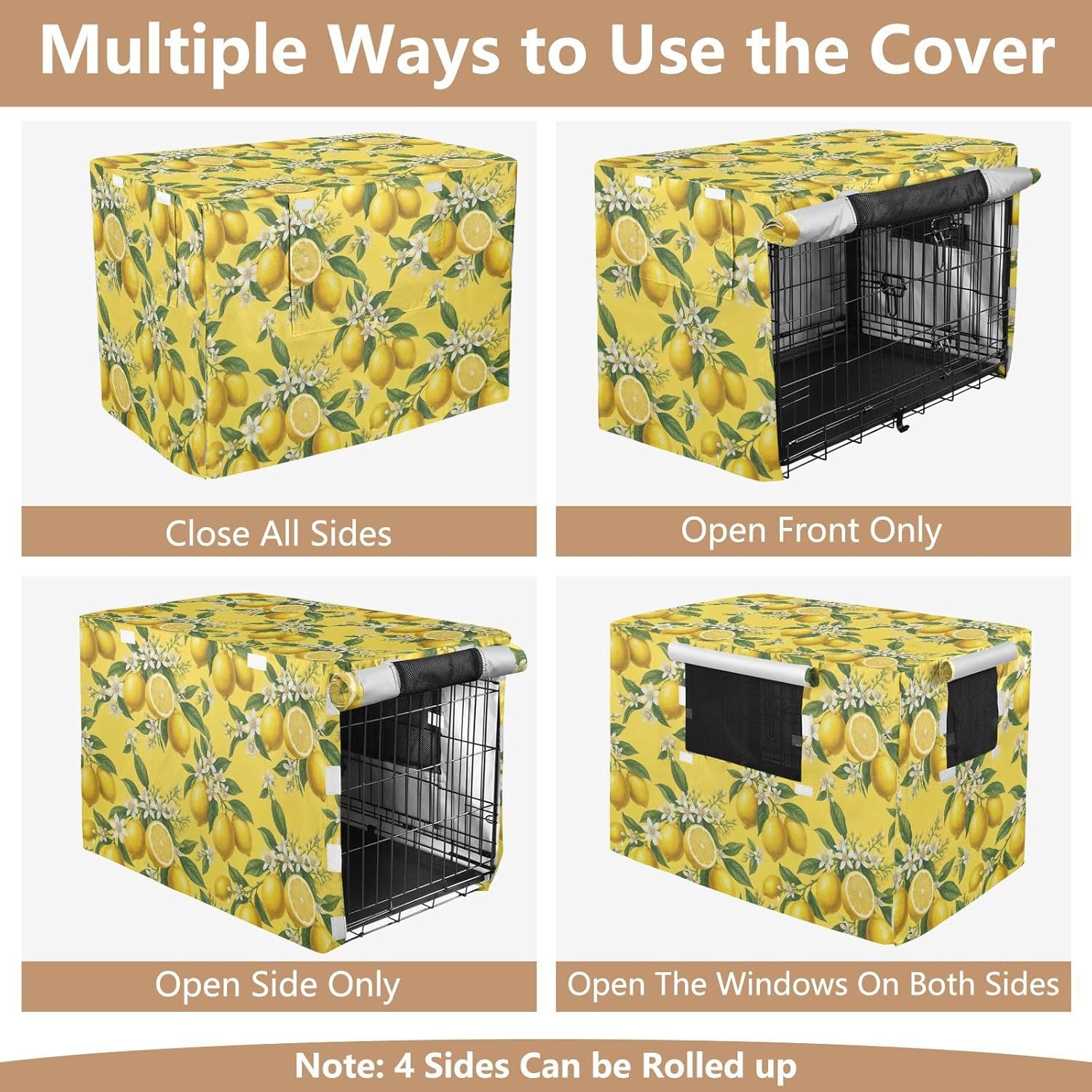 Duty 600D Silver Coated Dog Crate Cover, Water-Resistant Lemon Print Pet Kennel Canopy with Mesh Windows for Optimal Ventilation, Universal Fit for Standard Wire Cage, Indoor & Travel