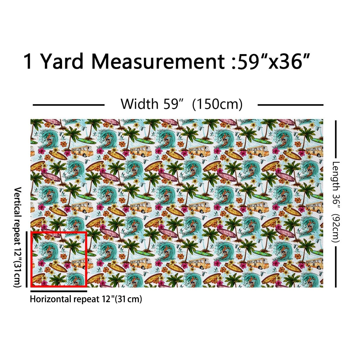 Ocean Surfing Upholstery Fabric by The Yard,Hawaiian Palm Tree Outdoor Fabric by The Yard,Surfer Sea Summer Holiday Decor Fabric for Upholstery and Home DIY Projects,3 Yards,(L276*W150cm) White Teal - Image 2