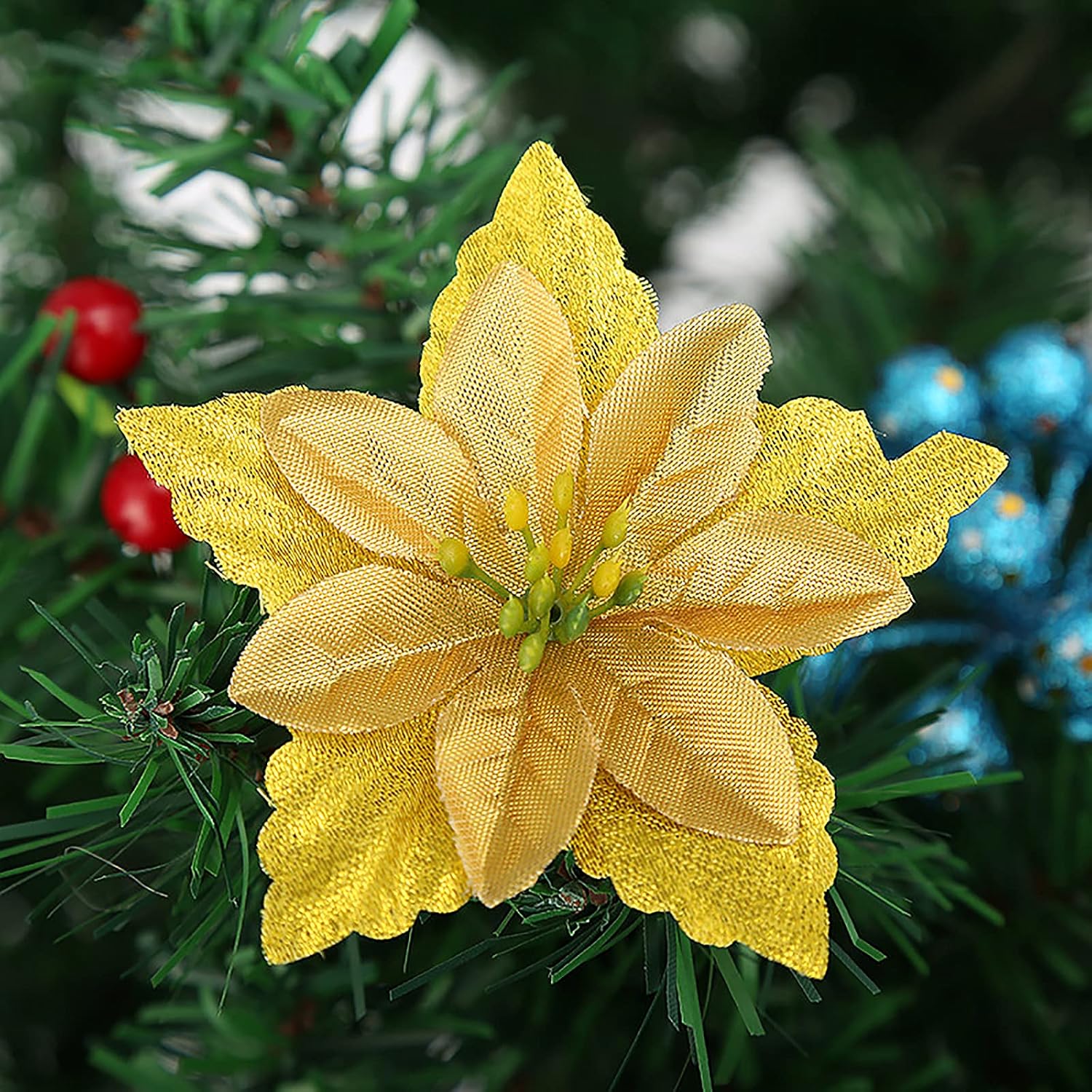 HanOBC 30 Pcs Glitter Poinsettia Christmas Tree Ornaments Yellow