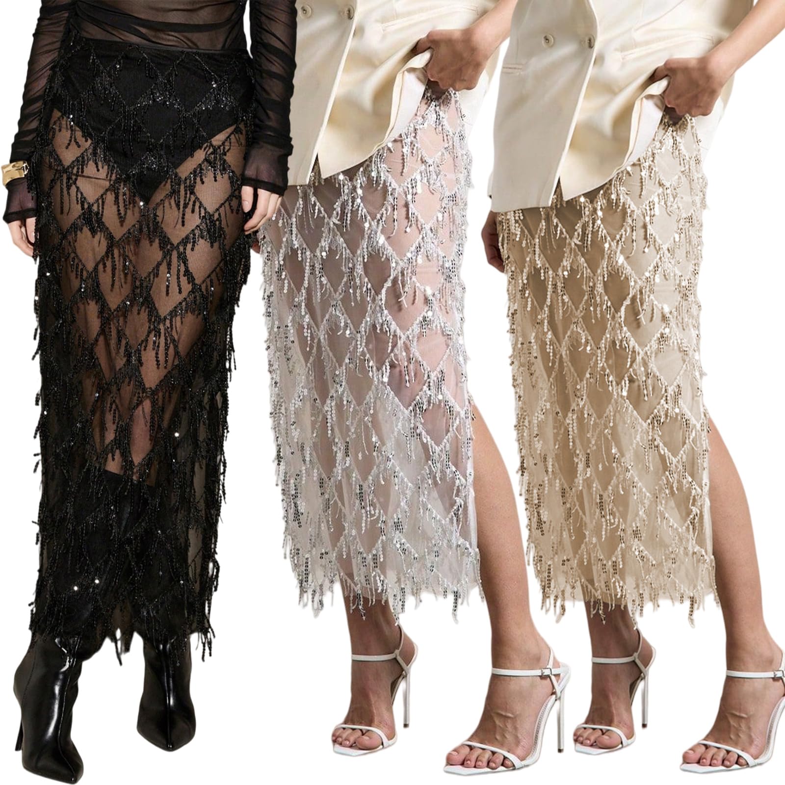 Paillettes Frange Dettaglio Gonna Una Linea Taglio Spandex Miscela Confortevole Mezza Gonna per Le Donne Photoshoots Outfits Prospettiva Design