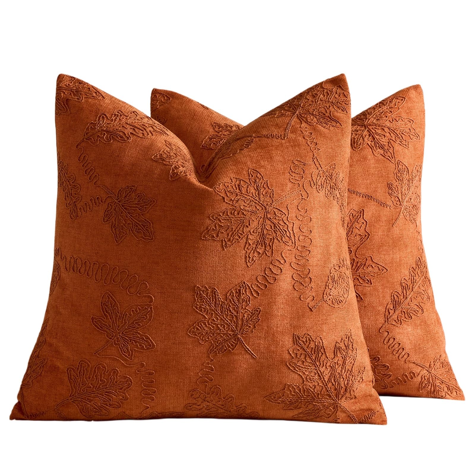 Throw Pillow Covers Set Of 2 Chenille Leaf Embroidery Sofa Cushion Covers | 45x45cm 30x50cm Washable Hidden Zipper Couch Pillow Covers For Living Room Bedroom Car