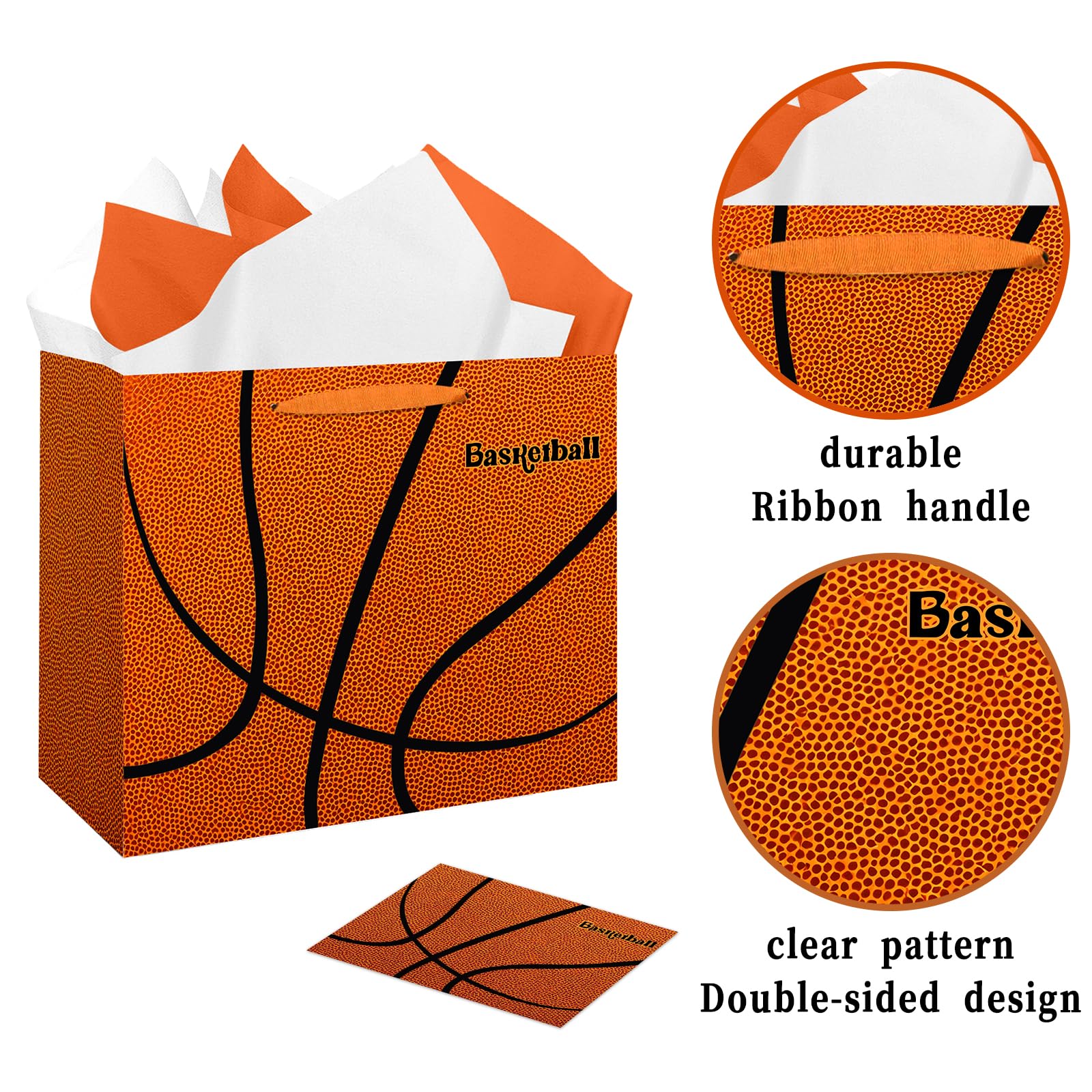 Jiaoiudi Basketball Gift Bags with Tissue Paper Greeting Card Basketball Party Bags Large with Handles Basketball Goodie Bags