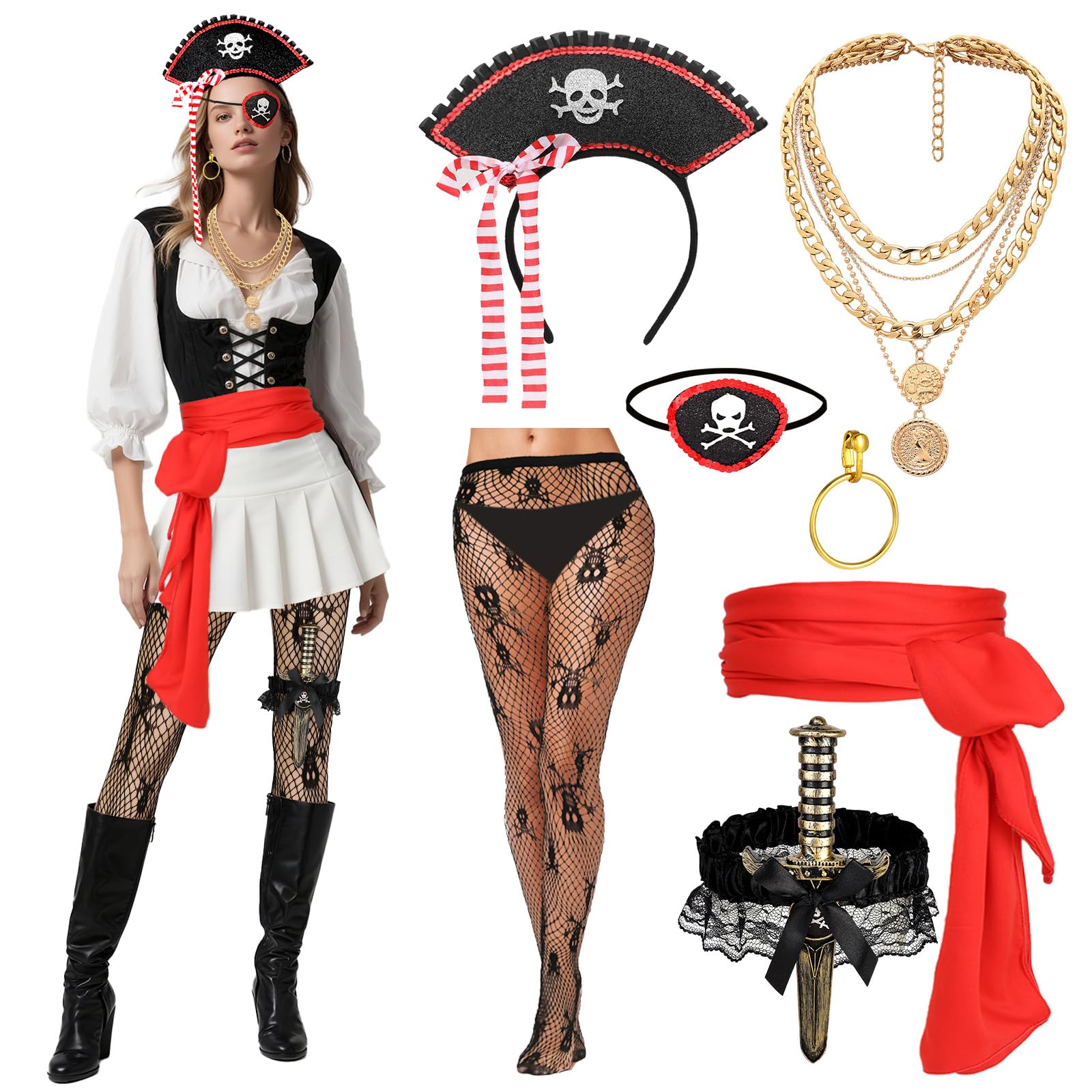 Beipegin 7 Pieces Pirate Accessories Women,Eye Patches Corset Necklace Earrings Sword with Thigh Garter Pirate Costume for Carnival Halloween Cosplay Party