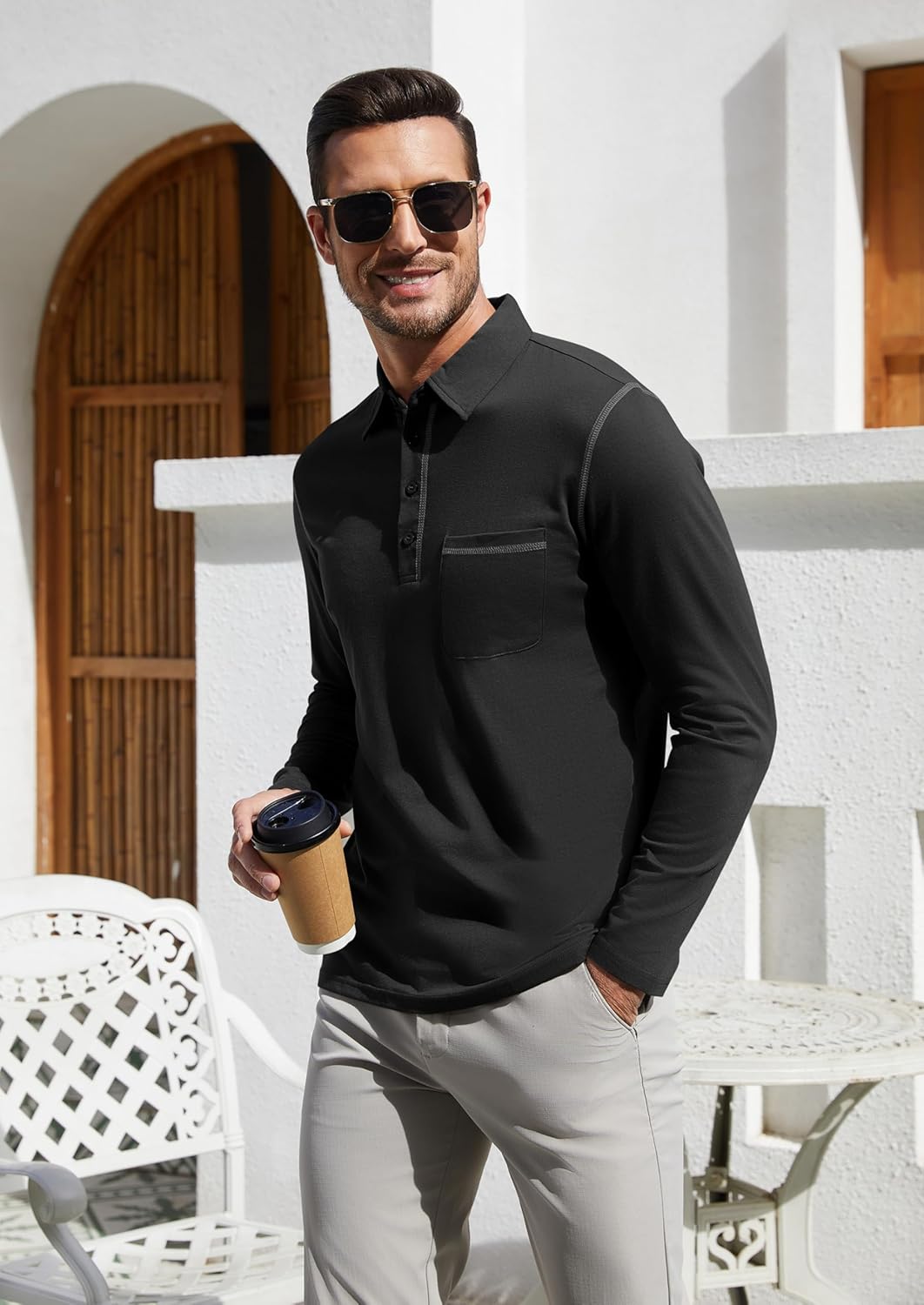EDITCOZY Long Sleeve Polo Shirts for Men with Pocket Casual Cotton Button Down Collared Golf Shirts - Image 4