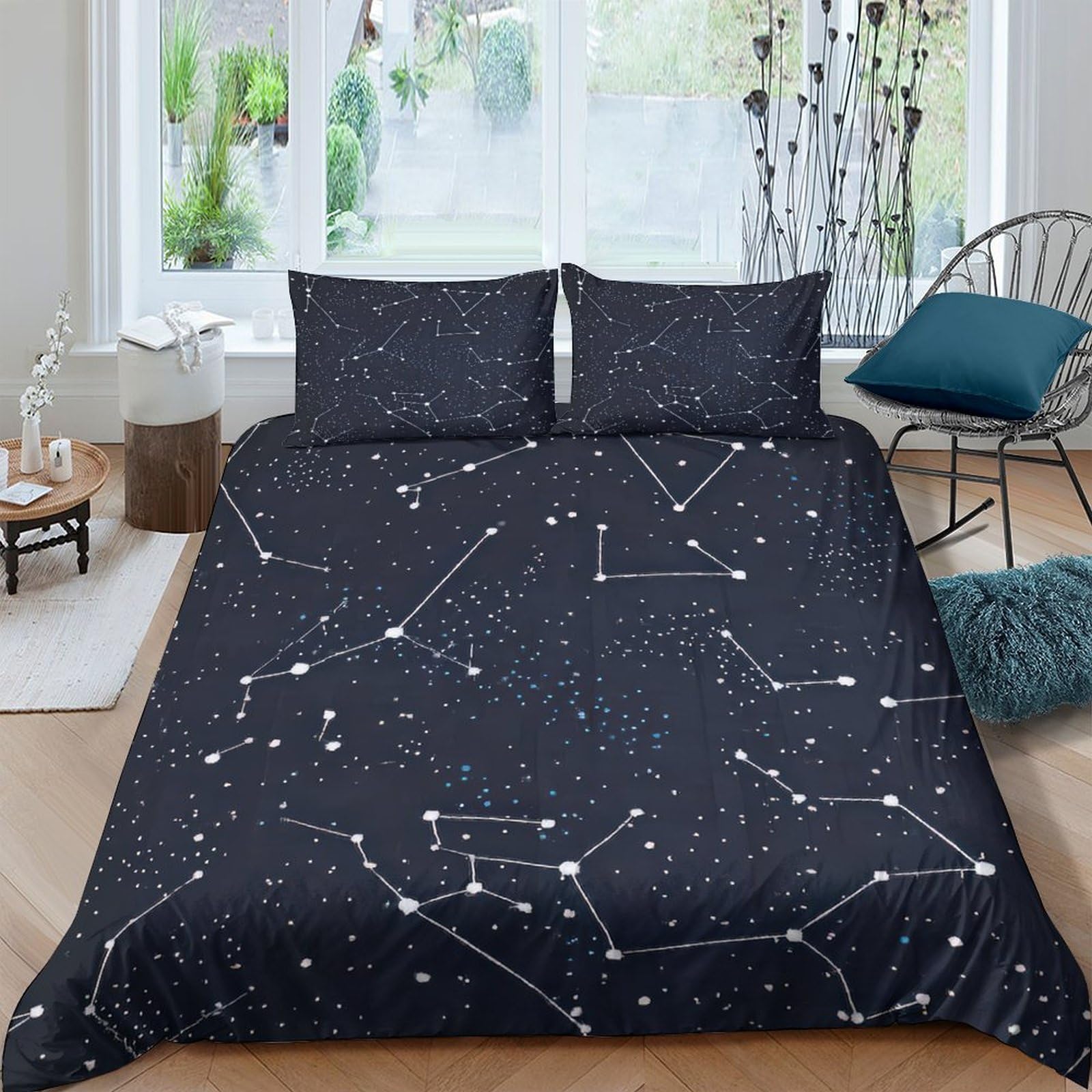 GPLZQXKJNH 3D Printed Constellation Star Duvet Cover Set Microfiber Soft Dark Blue Bedding Set with 2 Pillowcases for Bedroom Decor, Single（135x200cm）