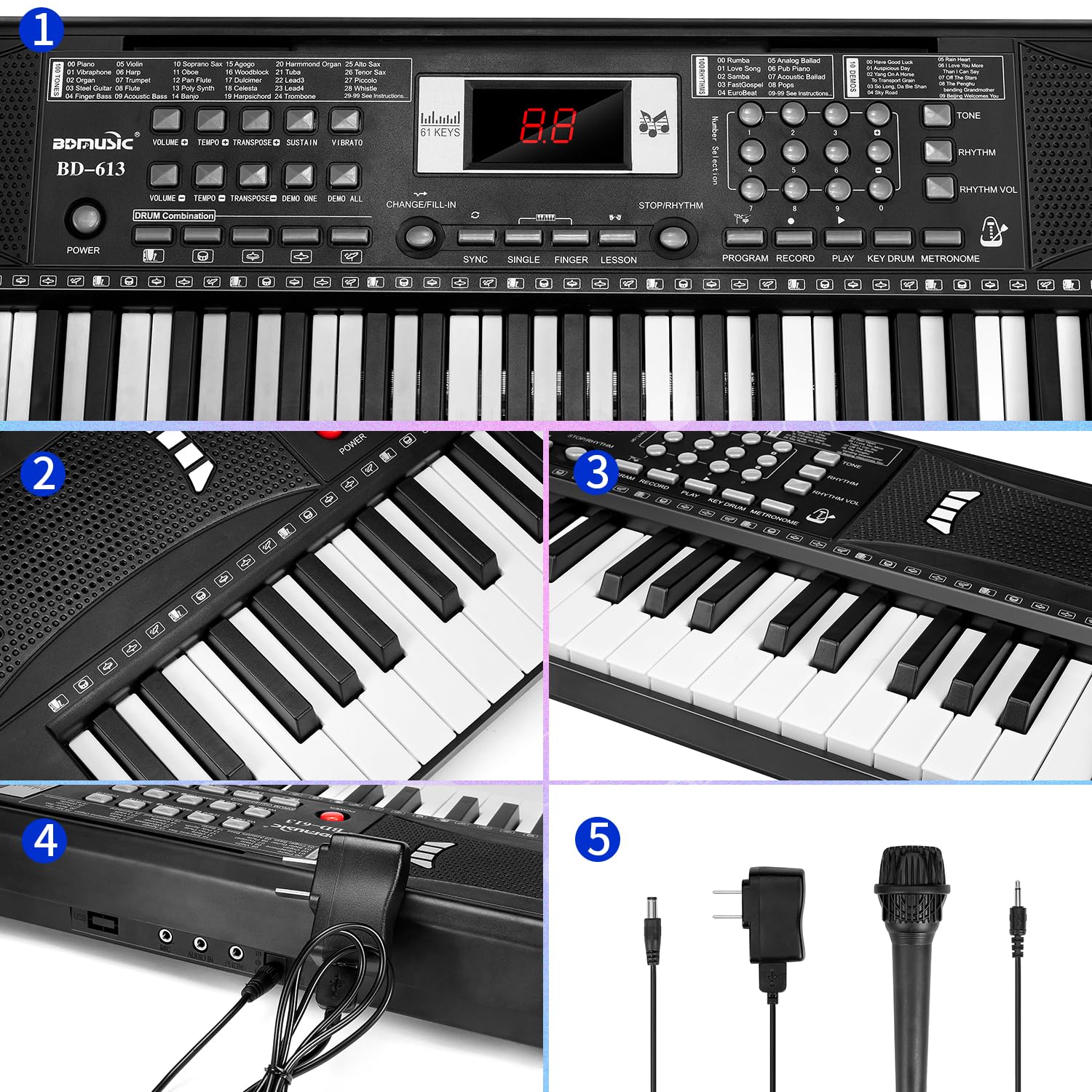 61 Keys Electronic Digital piano, Portable Keyboard Piano with Built-in Speaker and Microphone, Sheet Stand and Power Supply, Keyboard Piano Teaching Gift for Beginners Eelectric