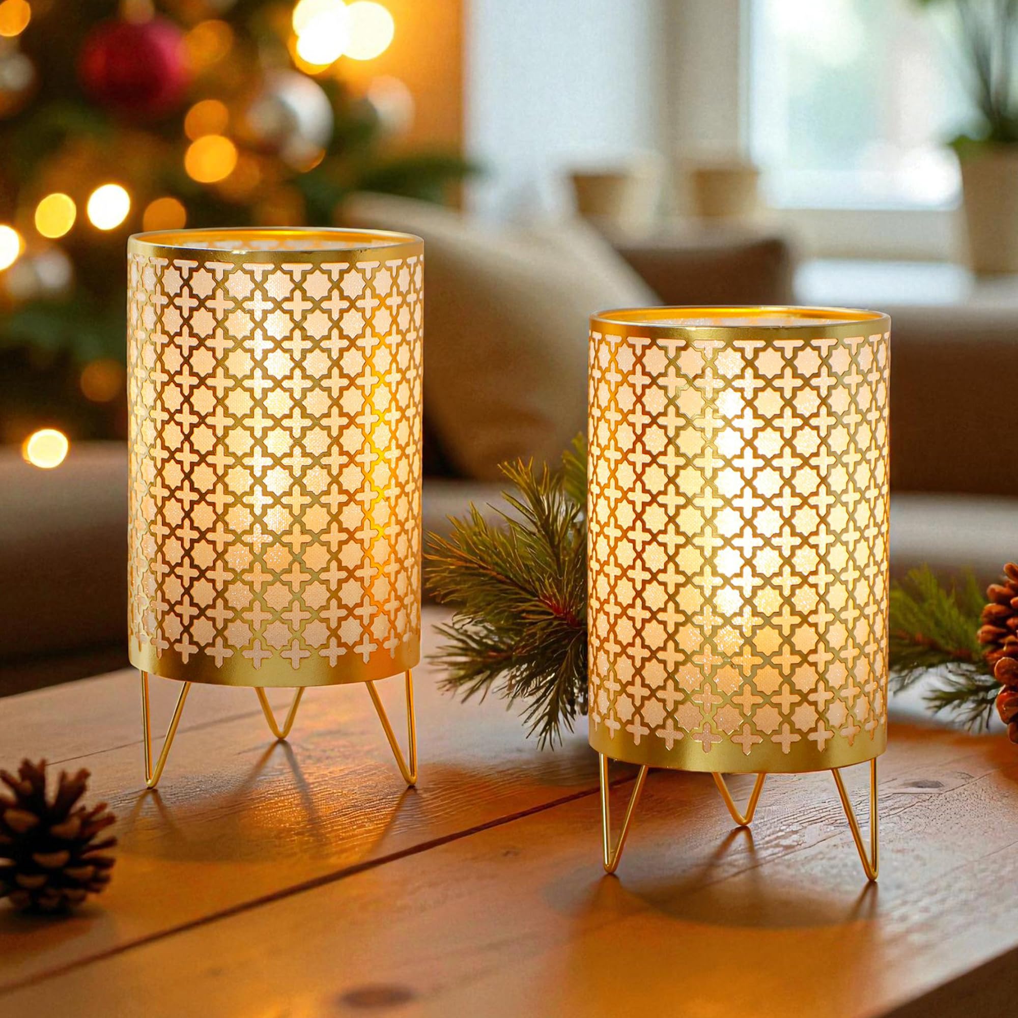 Trirocks Gold Set Of 2 Battery Operated Table Lamp 23Cm High Cordless Lanterns With 6H Timer For Home Living Room Weddings Parties Patio Events Outdoors Indoors Shelf (Gold)