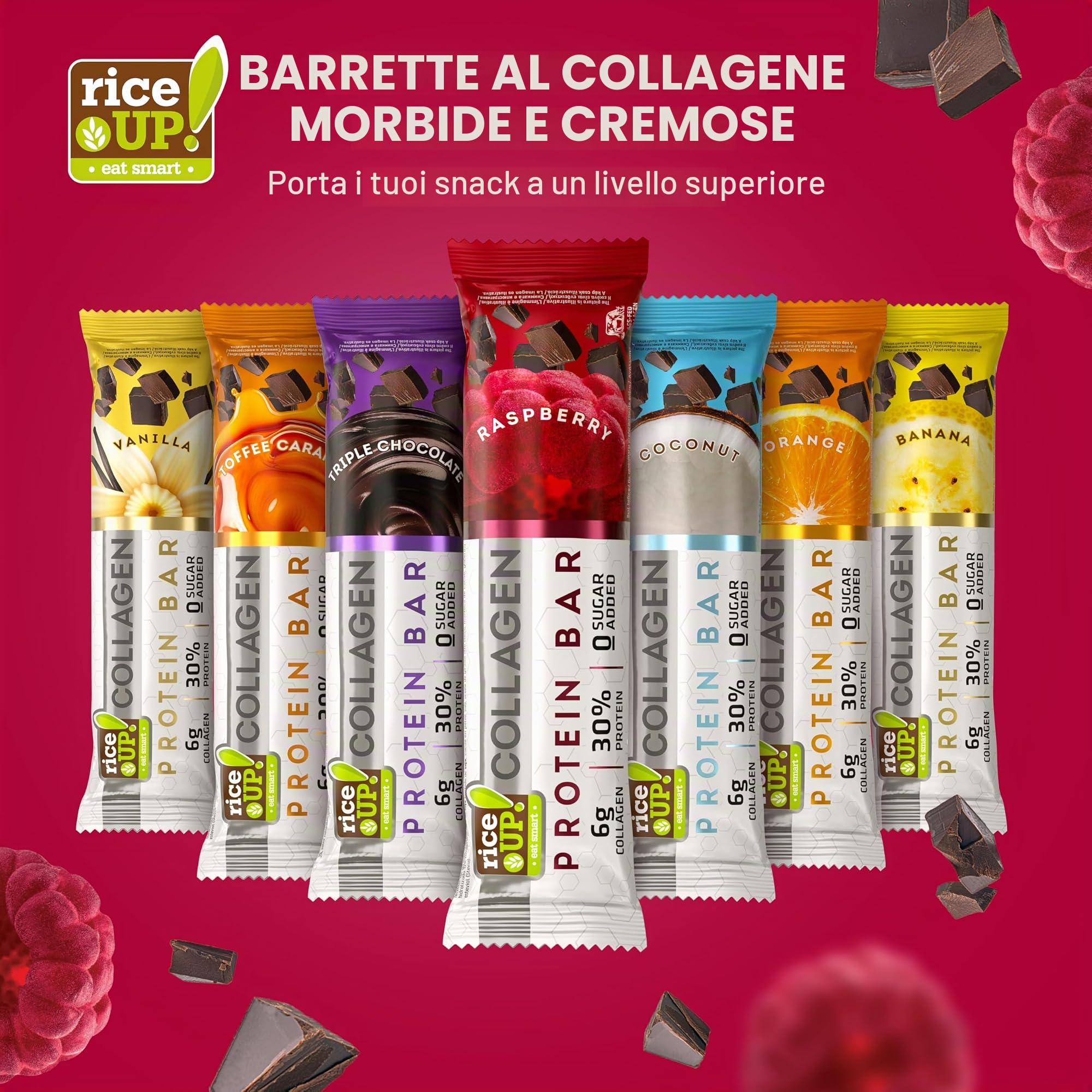 RiceUP! Barre Proteiche con Collagene, Gusto Lampone, 12 x 42g | 6000 mg Collagene (I+III), 30% Proteine, Senza Zucchero