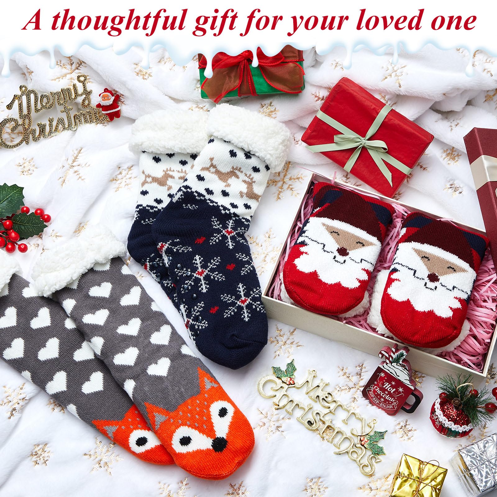 Hestya 3 Paires de Chaussons de Noël Chaussettes de Lit Antidérapantes Chaussettes d'Hiver Moelleuses pour Noël