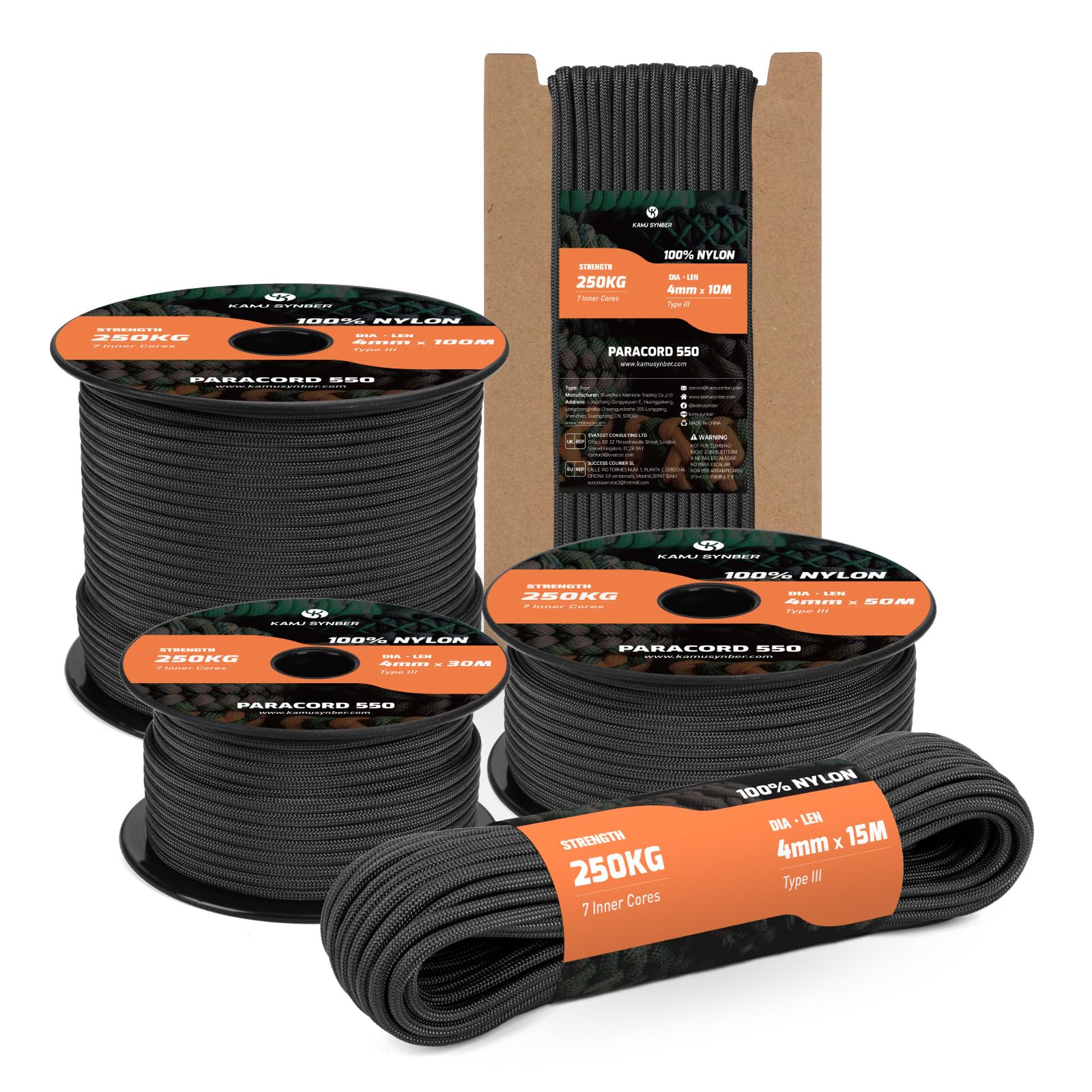 Kamu Synber 550 Paracord 4mm 15m Type III 7 Strands 100% Nylon Rope Parachute Cord Ideal for Crafting, DIY, Camping, Survival, Outdoor | Support 250kg | Black